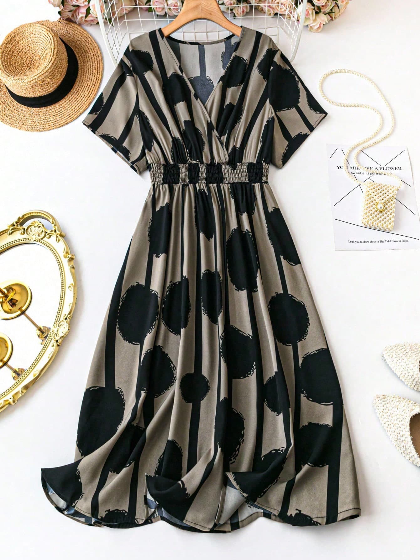 EMERY ROSE Plus Size Polka Dot Print V-Neck Gathered Waist Dress Maxi Women Outfit