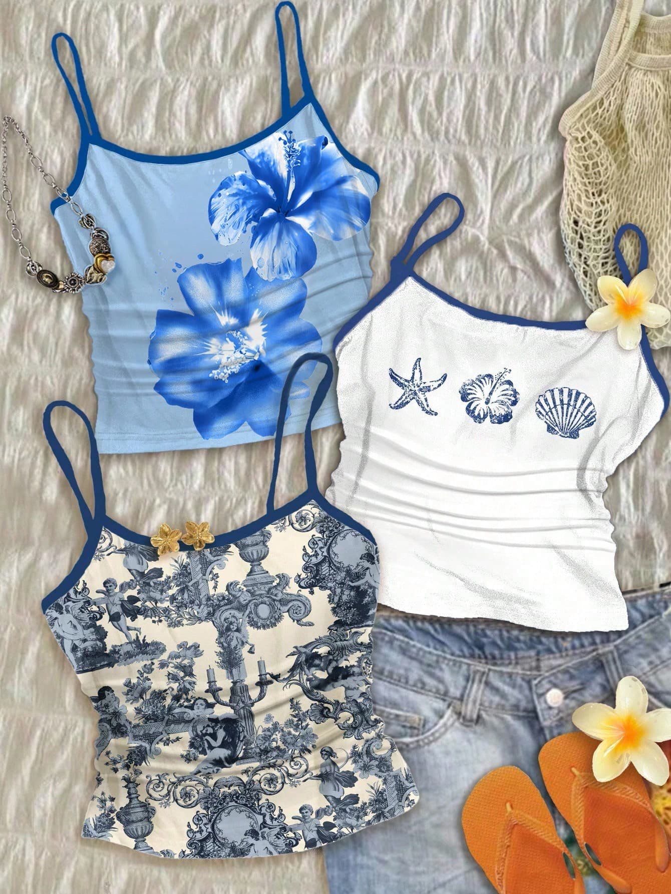 SHEIN Tween Girls French Blue Angel Statue Floral Pattern,Blue And White Flower Summer Cute Beach Holiday,Contrast Cami Tops,Vintage Retro Y2K Coconut Girl