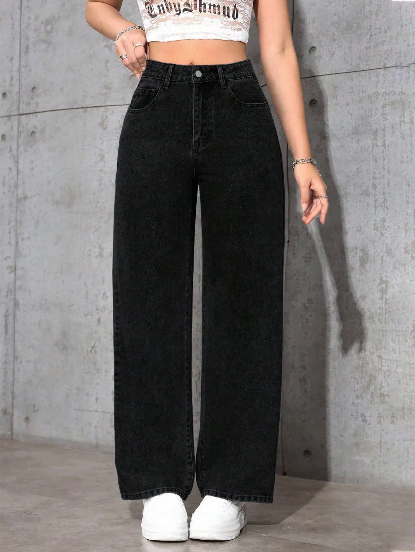 SHEIN ICON Women's Pocket Loose Wide Leg Casual Versatile Denim Pants