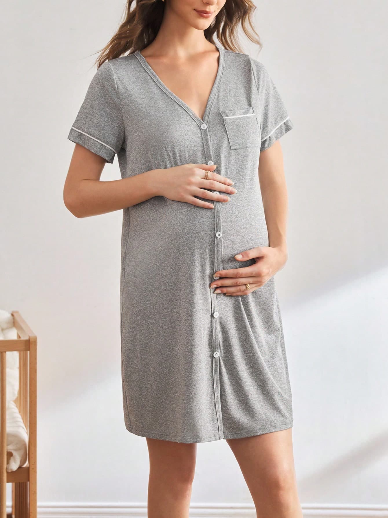 Moonlight&Mama Maternity Solid Color V-Neck Short Sleeve Pocket Single-Breasted Casual Dress Maternity Sleepwear