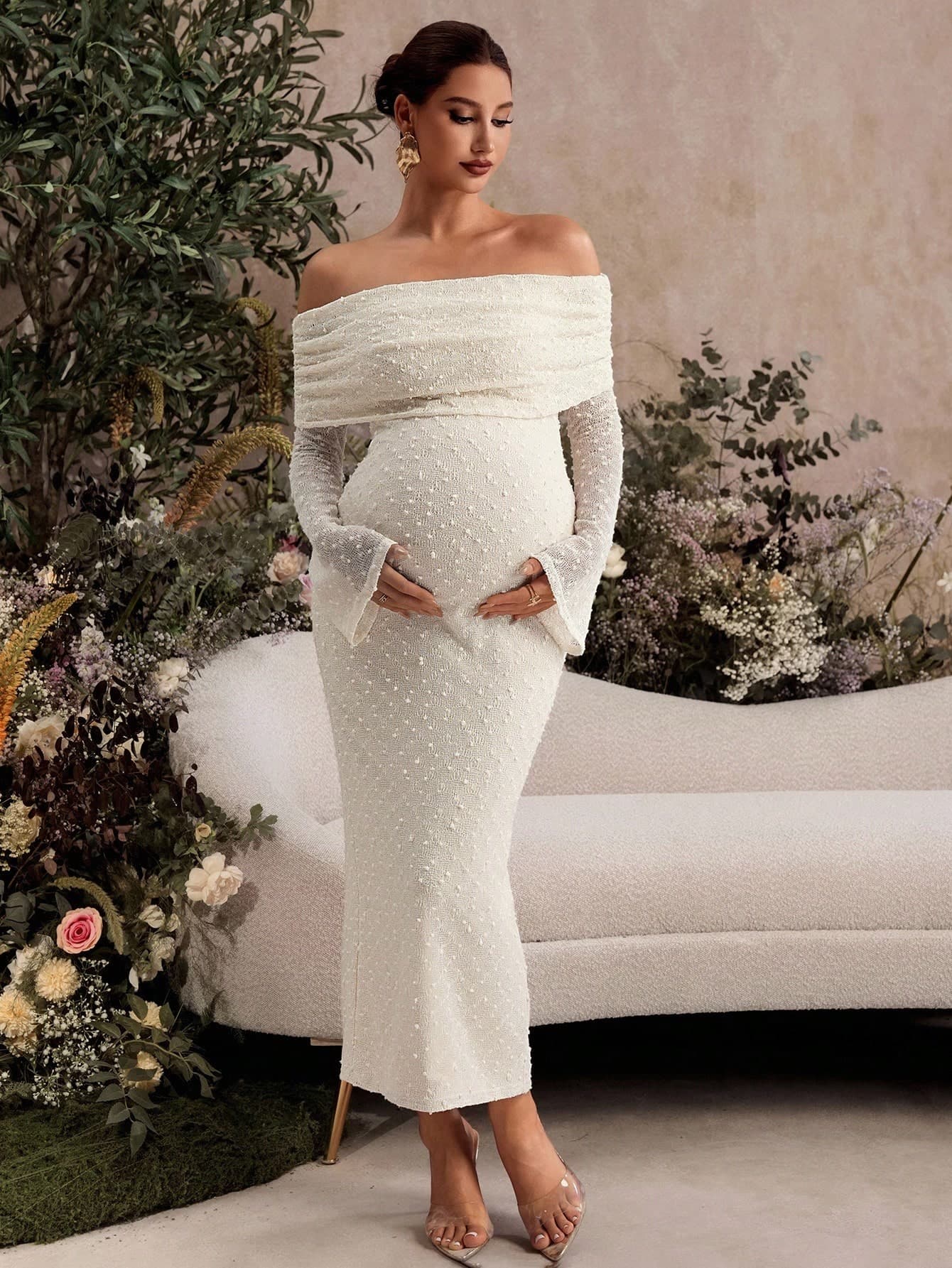 MaterniChic Maternity Solid Color Pleated Off Shoulder Long Sleeve Fitted Elegant White Dress,Pregnant Women Summer Baby Shower Pregnancy Photoshoot Dress Fall