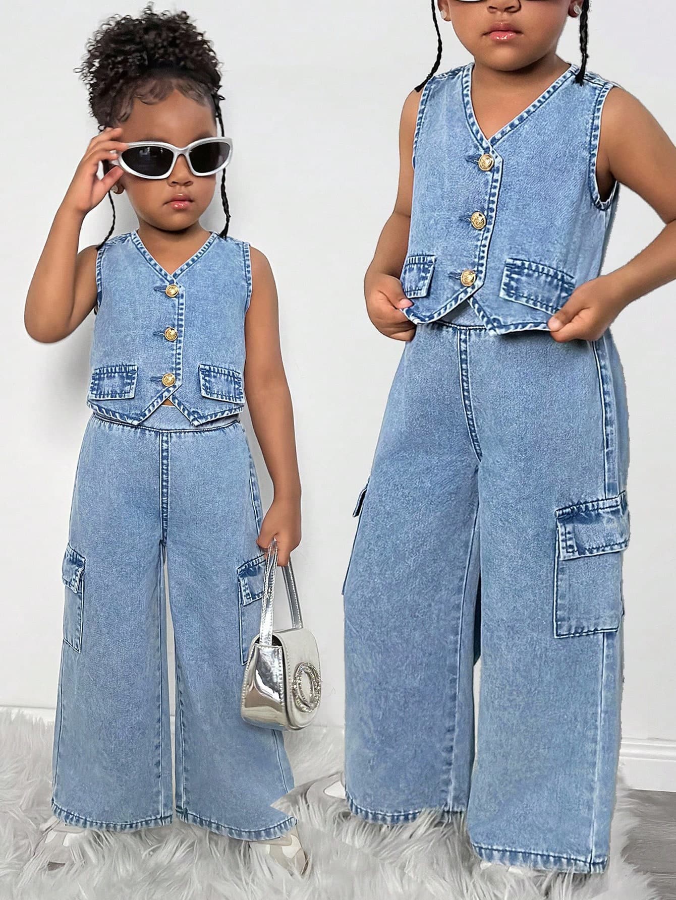 Young Girls 2pcs Casual Washed Denim Vest And Jeans Outfit Set,Fall Kid's  Casual And Comfortable  Wear