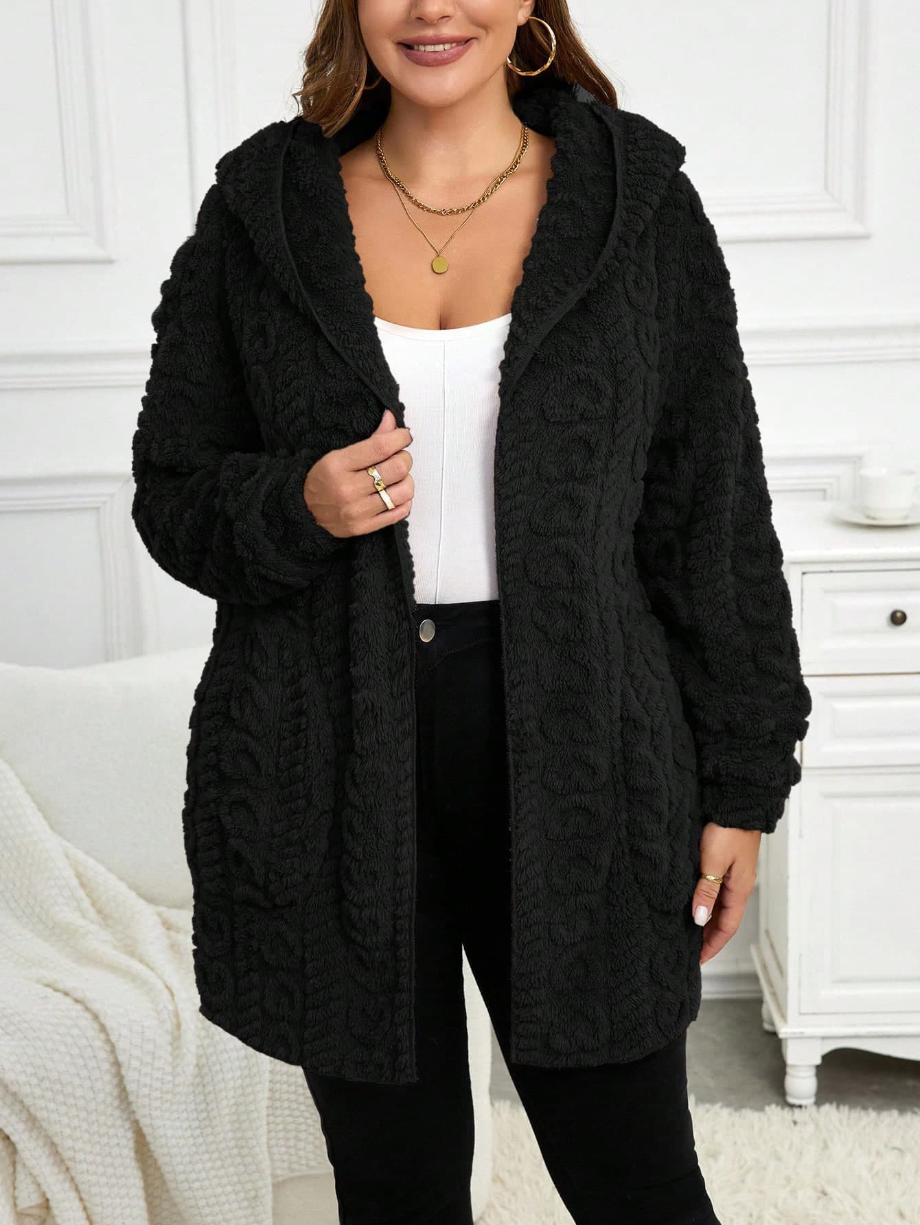 SHEIN LUNE Plus Size Women Casual Solid Color Fleece Hoodie Jacket, Autumn/Winter Black Cardigan Sweater Hooded Fuzzy Women,Fall Clothes For