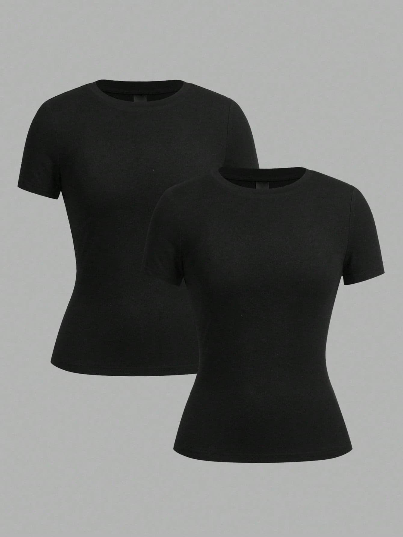 SHEIN EZwear 2pcs Black Casual Minimalist Crew Neck Short Sleeve Basic Tee, Suitable For Spring/Summer Suitable For Going Out