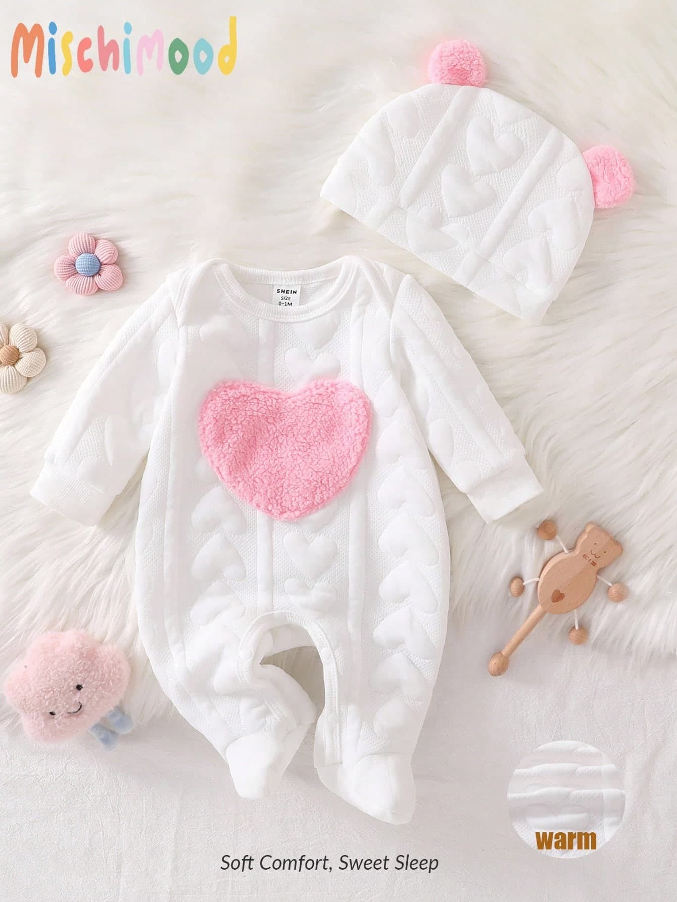 Baby Girls' Winter Padded White Heart Pattern Long Sleeve Footie & Hat Set Pajamas