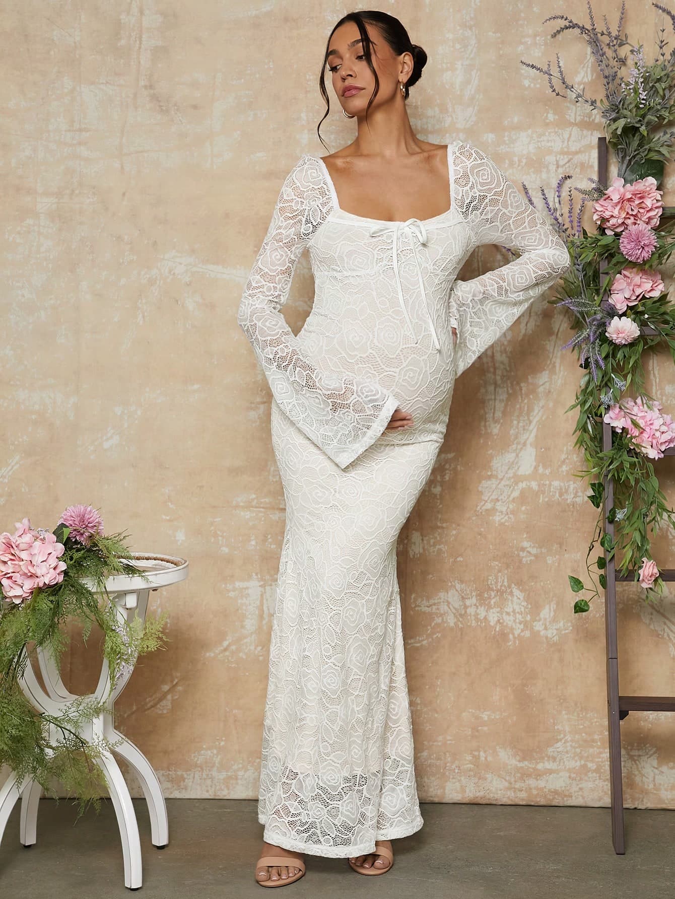 MaterniChic Valentine's Day White Lace Flare Sleeve Fitted Mermaid Hem Maternity Dress Fall