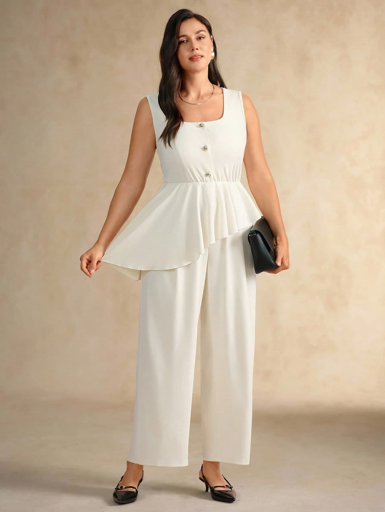 SHEIN Clasi Plus Size Women's Sleeveless Square Neck Asymmetrical Hem Cardigan Top And Matching Pants Set, Casual Summer