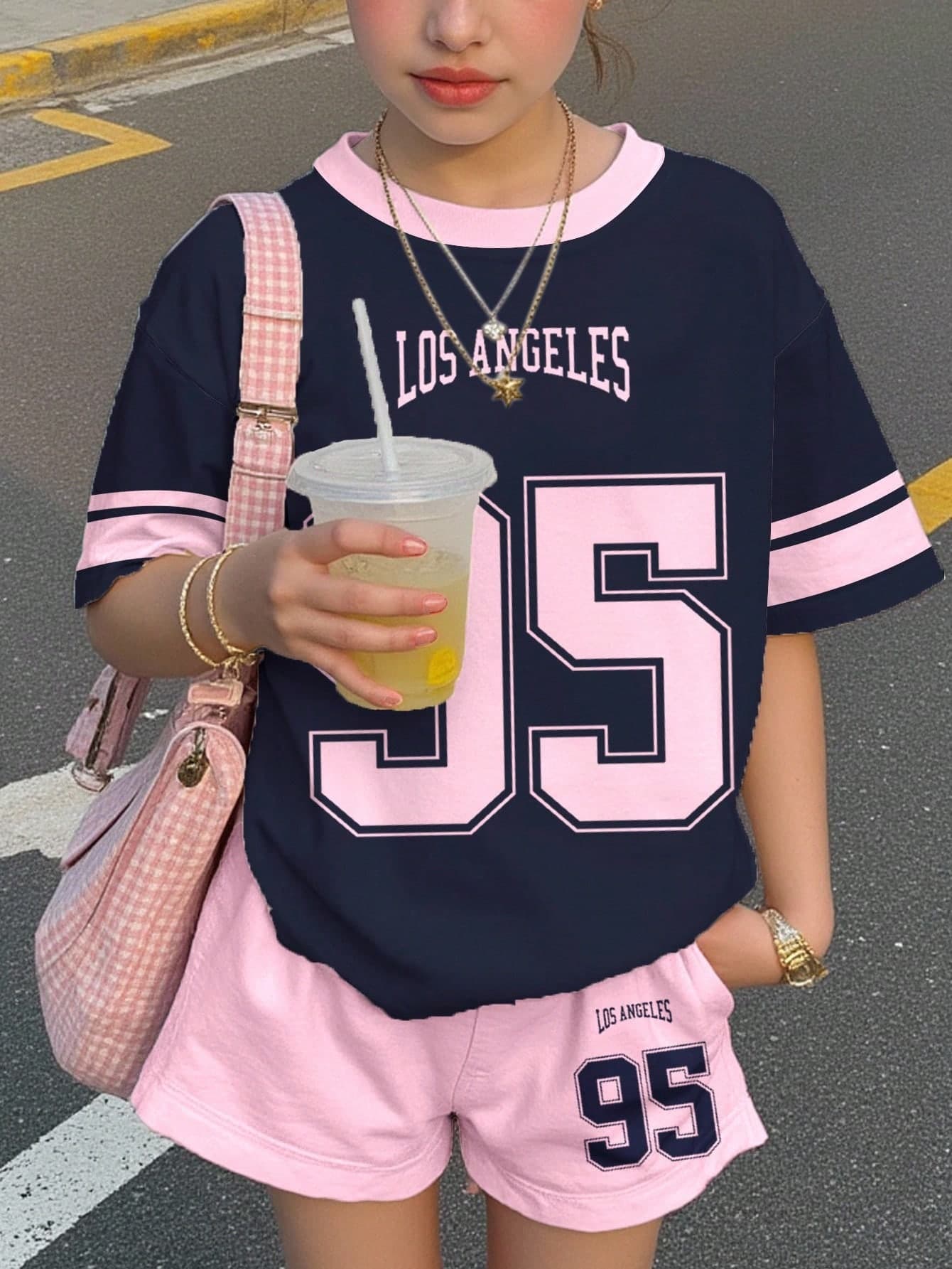 SHEIN 2pcs/Set Tween Girls Navy Blue & Pink Streetwear Jersey Number 95 Graphic T-Shirt And Shorts Set,Back-To-School,Summer,School,Cow Boy Outfits