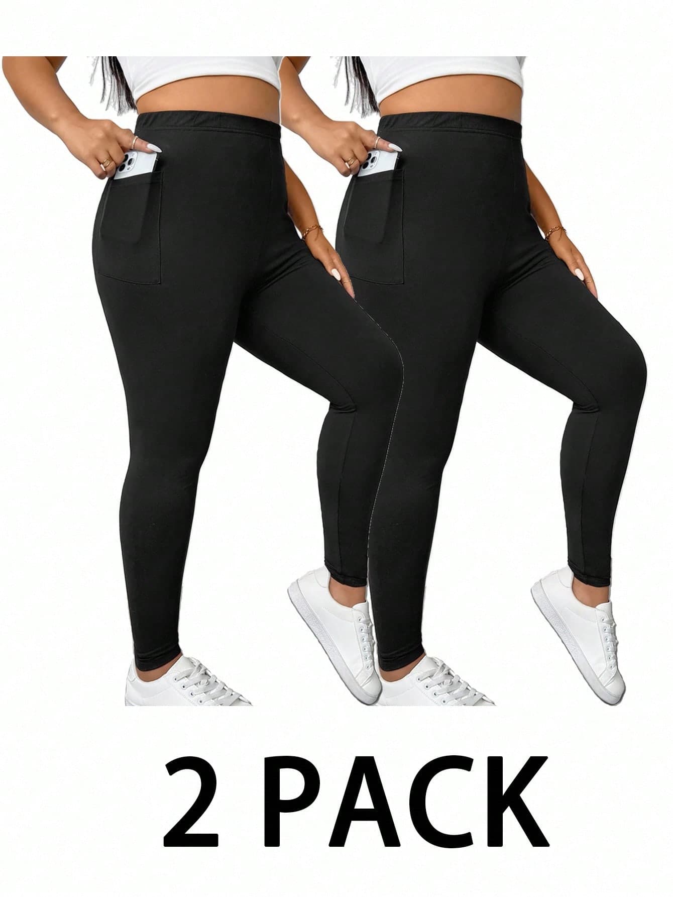 SHEIN Essnce 2 Pieces Plus Size Women's Black Leggings With Pockets,Yoga Gym Fitness Capri Pants,Gothic Sommar Comfort Lounge Joggers,Fall Clothes For Women