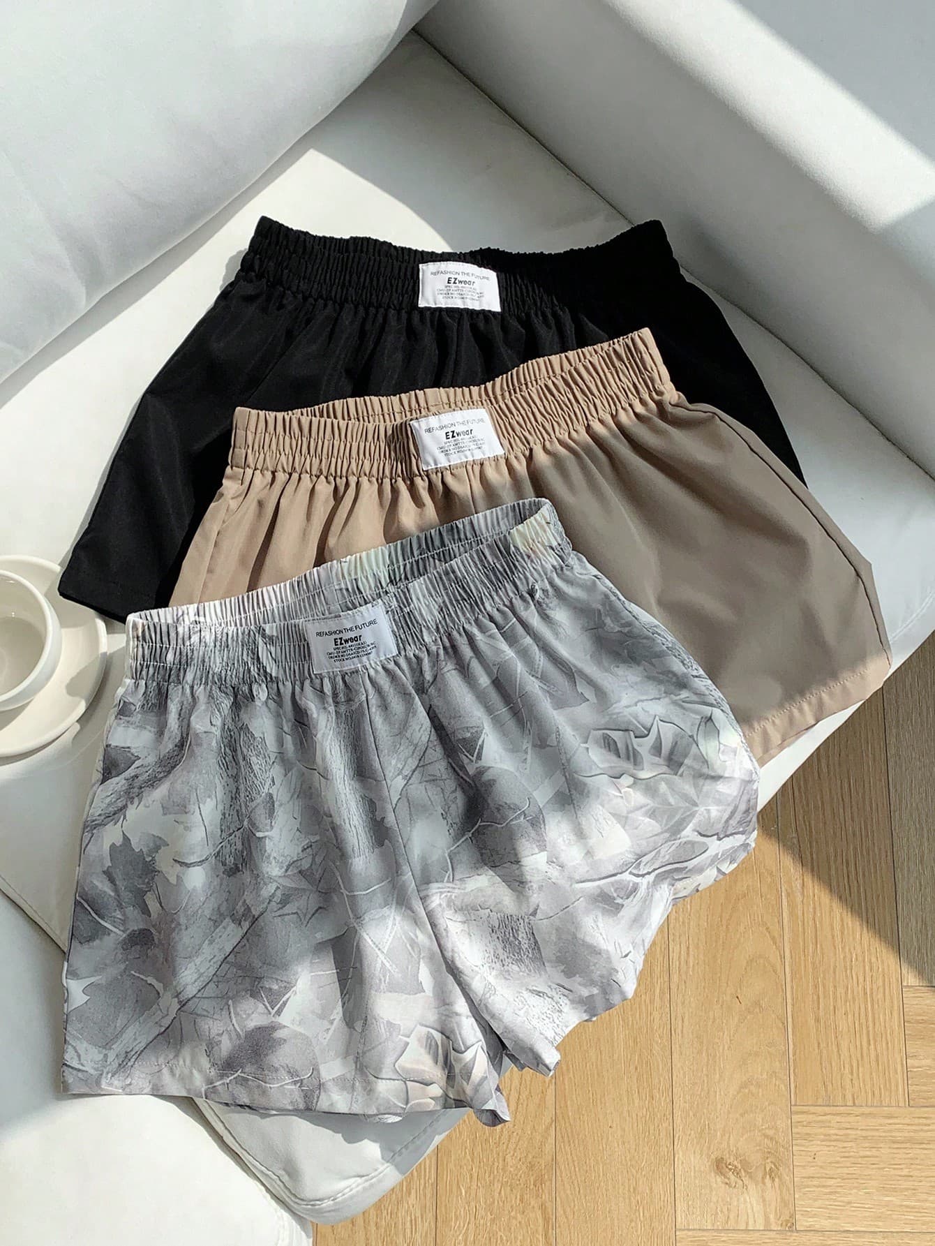 Comfortcana 3pcs Women's Casual Solid Color & Printed Shorts In Woven Fabric For Everyday Looks Leaf Print Shorts Comfy Shorts