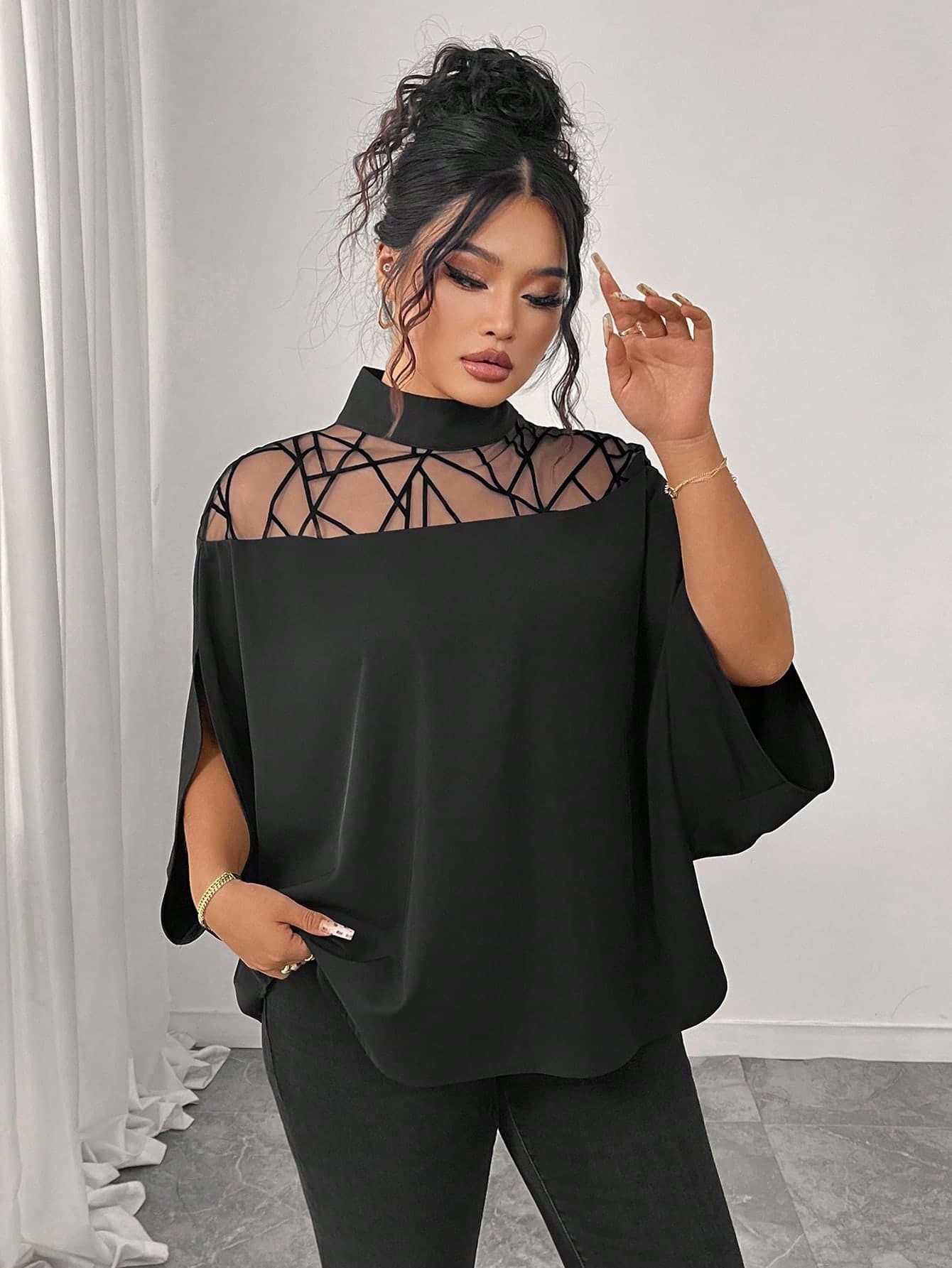 SHEIN Raffinéa Plus Size Elegant Slimming Mesh Patchwork Batwing Sleeve Blouse