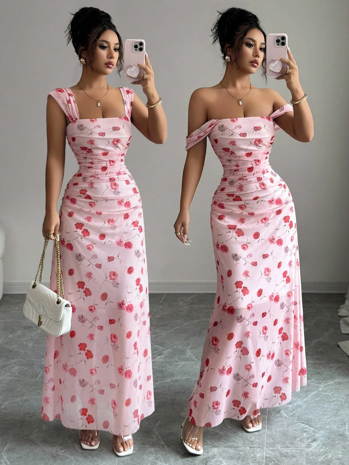 Elenzga New Women's Square Neck Cap Sleeve Mesh Sheer Floral Print Ruched Waist A-Line Long Dress, Spring/Summer Date & Vacation, Slimming & Height-Enhancing, Youthful & Elegant