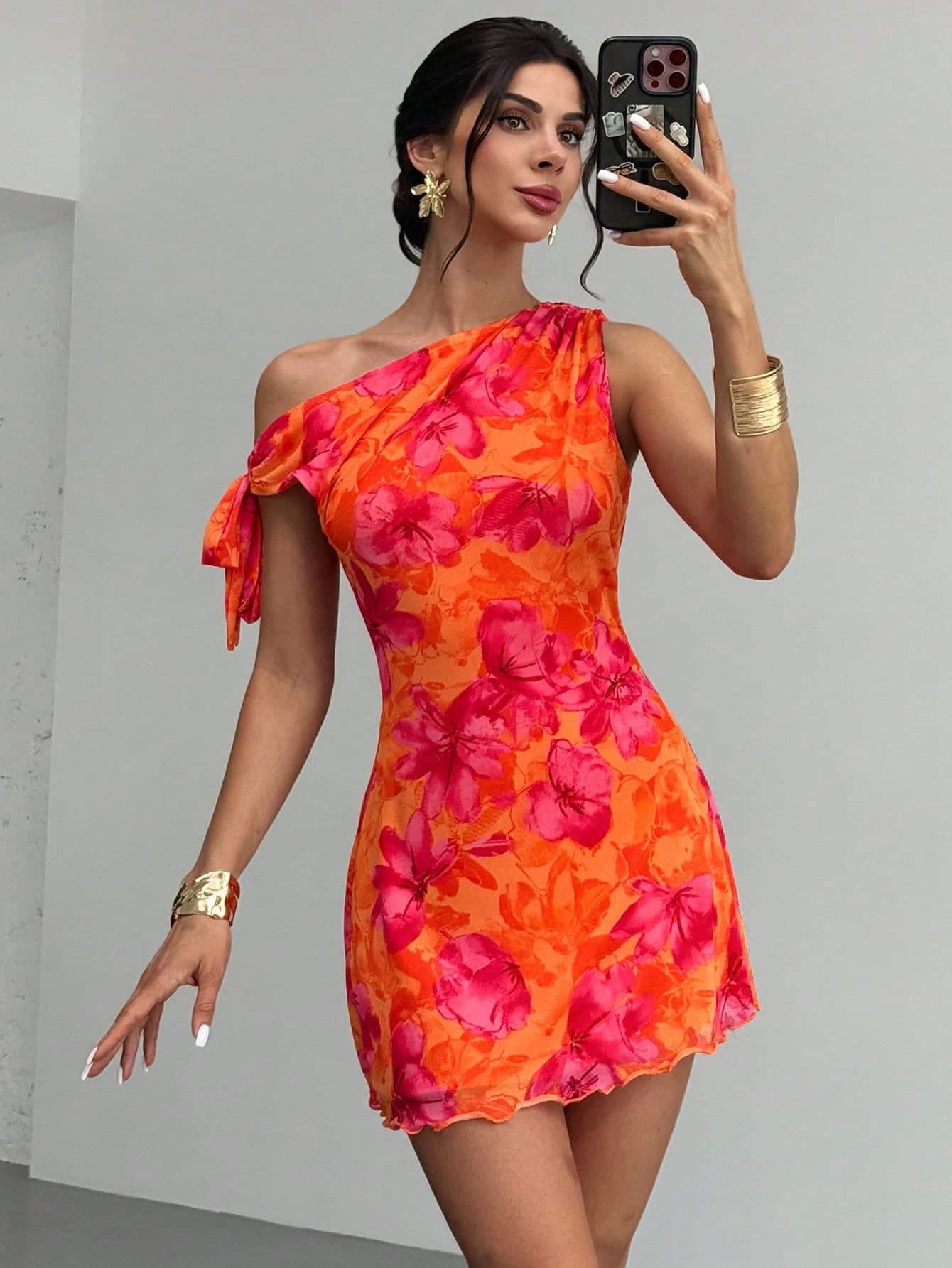 Firerie Women's Orange Red Floral Mesh Mini Dress,Summer,Girly,Holiday,Vacation Asymmetric One Shoulder Elegant Beach Outfit,Hawaii Date Party Prom Dress