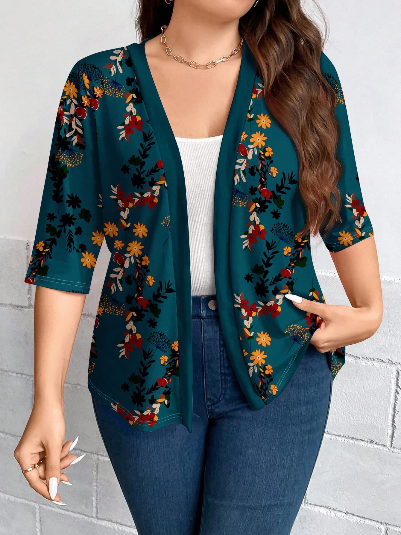 SHEIN LUNE Plus Size Women Casual Elegant Floral Print 3/4 Sleeve Thin Cardigan Jacket, Suitable For Outings, Autumn/Winter Fall