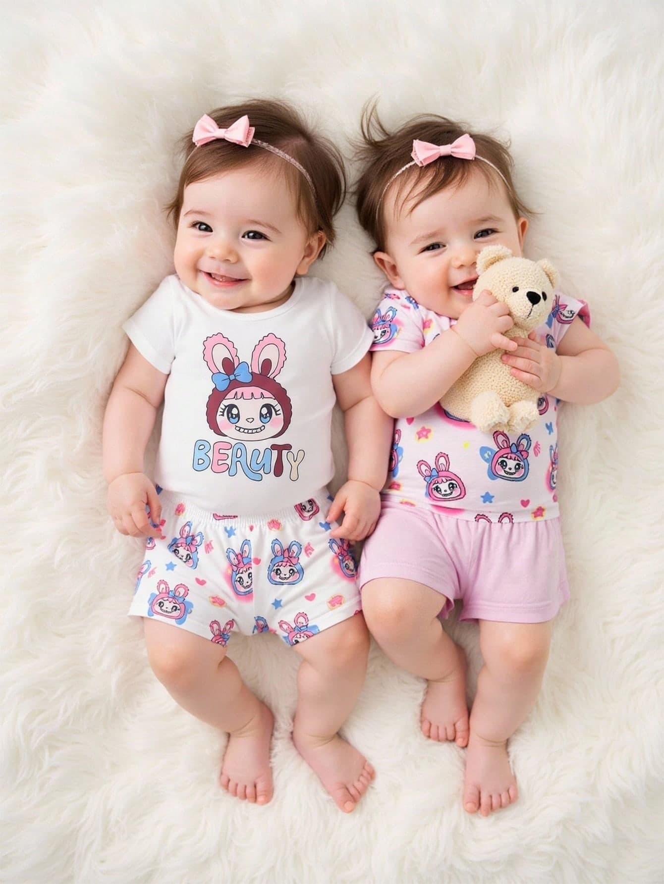 SHEIN 4pcs Baby Girls'Round Neck Short Sleeve T-Shirt,Rabbit & Girl Print Casual Sportswear Set,Comfortable Soft Fabric,White,Summer,Cute,Family Matching