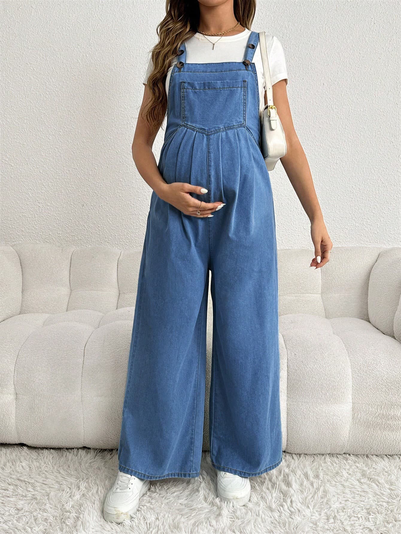SHEIN Maternity Adjustable Denim Bib Pants Wide Leg Casual Loose Blue Overalls