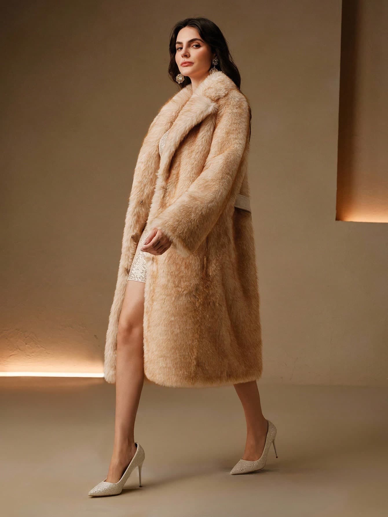 Anewsta Retro Faux Fur Collar Apricot Long Coat, Elegant Luxury Formal Chic Outerwear For Fall/Winter, Christmas, New Year, Party