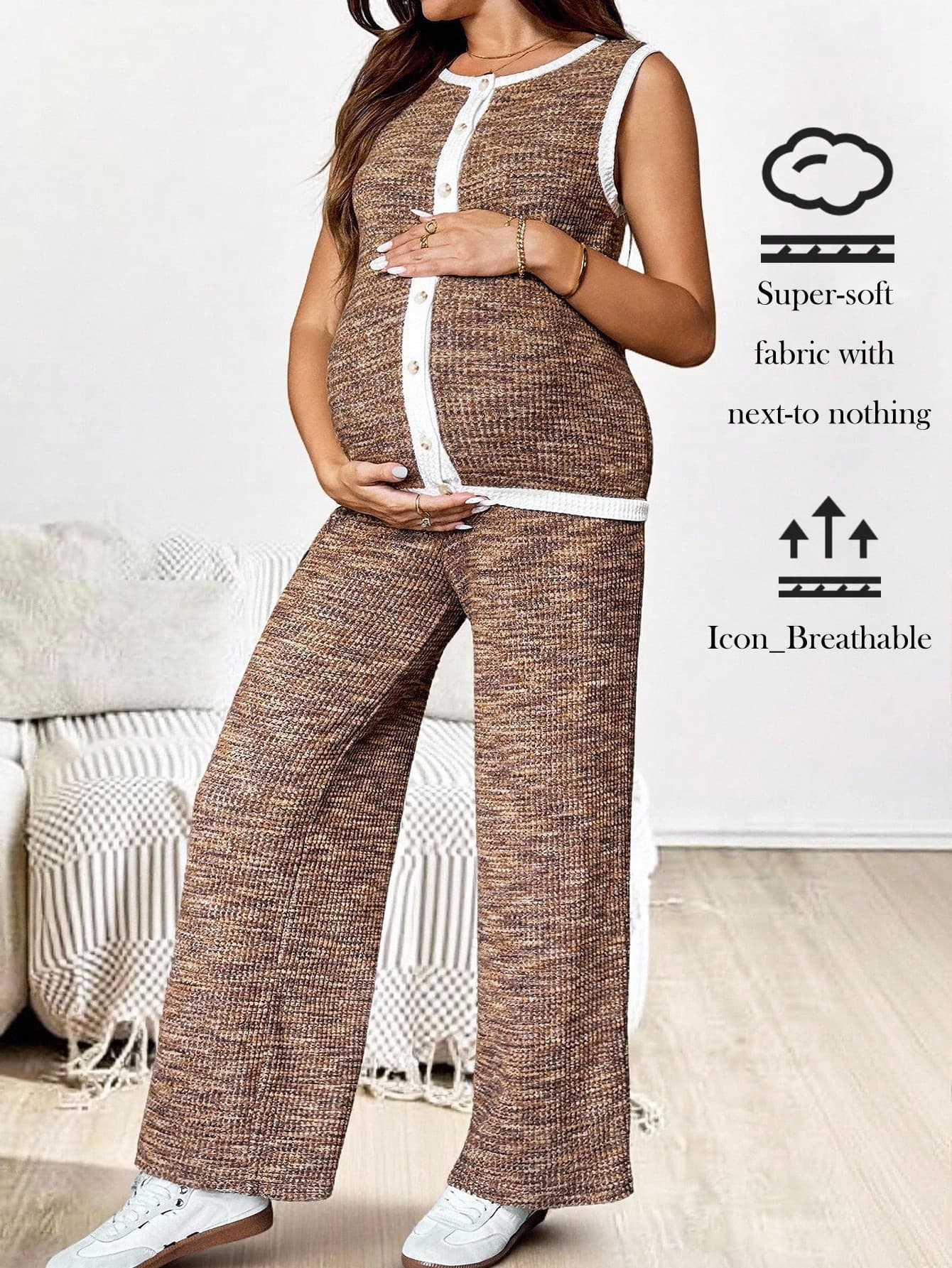 SHEIN 2pcs Maternity Single Breasted Allover Print Vest & Pants Casual Set  Going Out Outfits