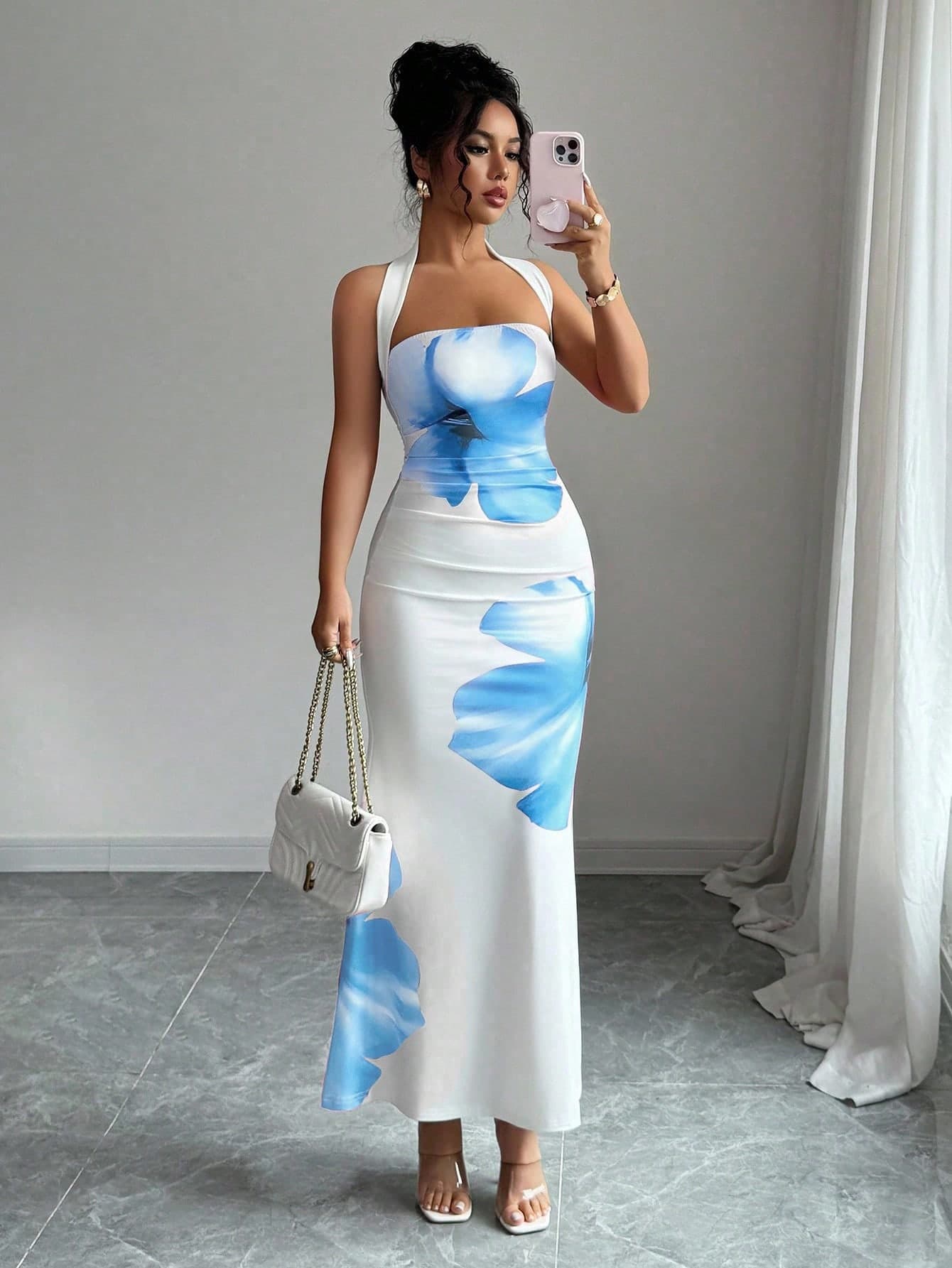 Elenzga Women's 2025 Summer Halter Tie Waist Slim Fit Printed Mid-Length Dress