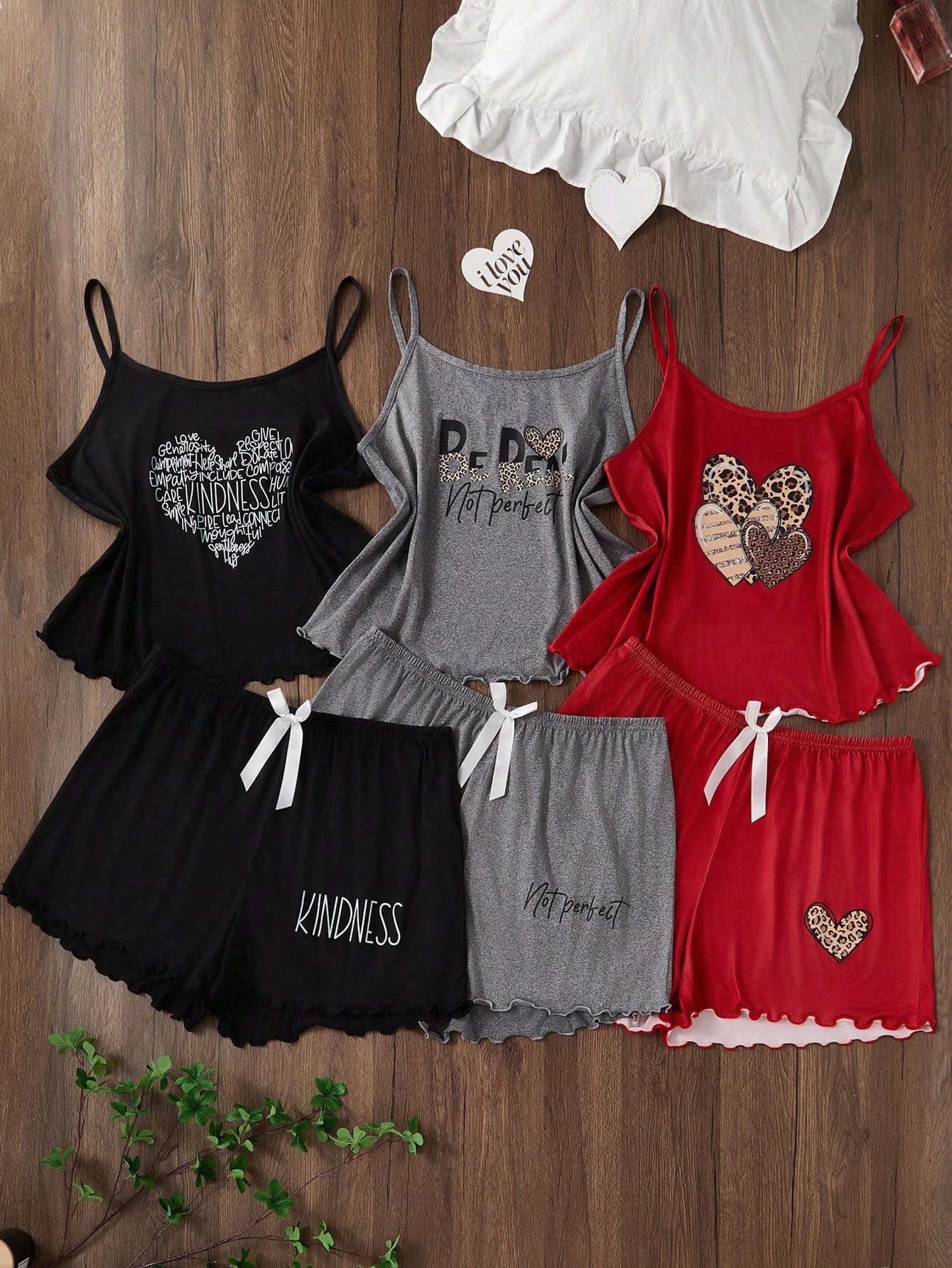 SHEIN 3Set Casual Young Plus Size Knit Pajama Short Set With Spaghetti Straps And Heart Details