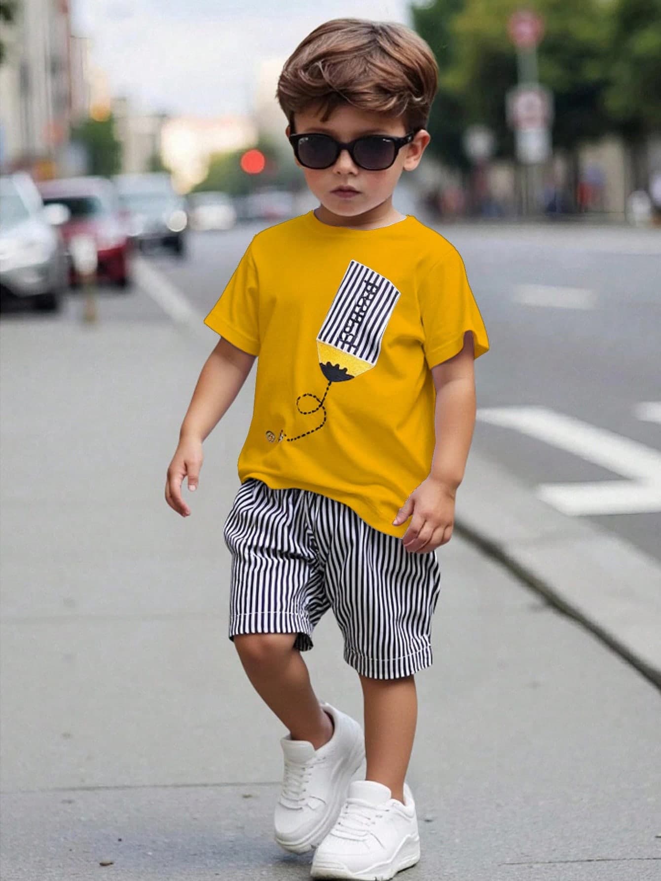 SHEIN Streecool Kids 2pcs Young Boy's School Style Embroidered Pencil & Striped Casual Shorts,Versatile For Summer,Back-To-School Season,Daily Outings,Holiday,Travel,Relax