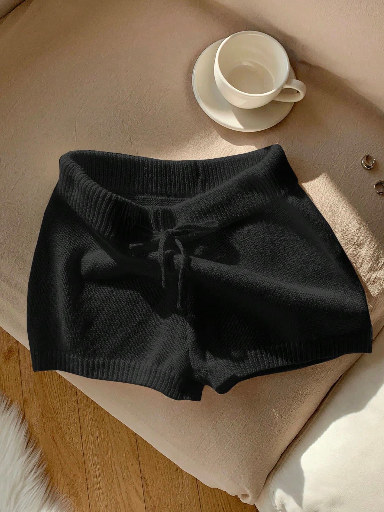 Comfortcana Plus Size Black Knitted Casual Shorts Black Knit Shorts Knit Shorts For Women Soft Knit Shorts Comfy Knit Shorts Black Lounge Shorts In Fall/Winter