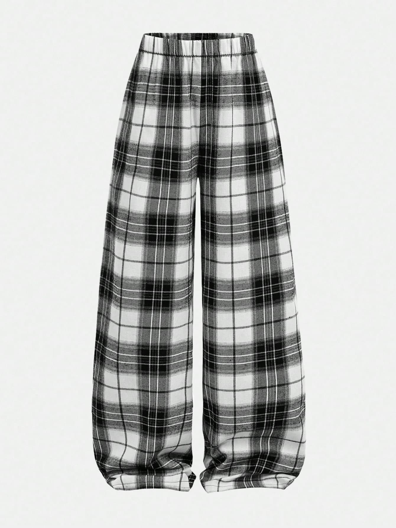 Girlism Teen Girls Plaid Autumn Pants,Back-To-School Winter White Black Checkered Wide Leg Sportswear,Loose Y2k Football Halloween Daily Wear Trousers