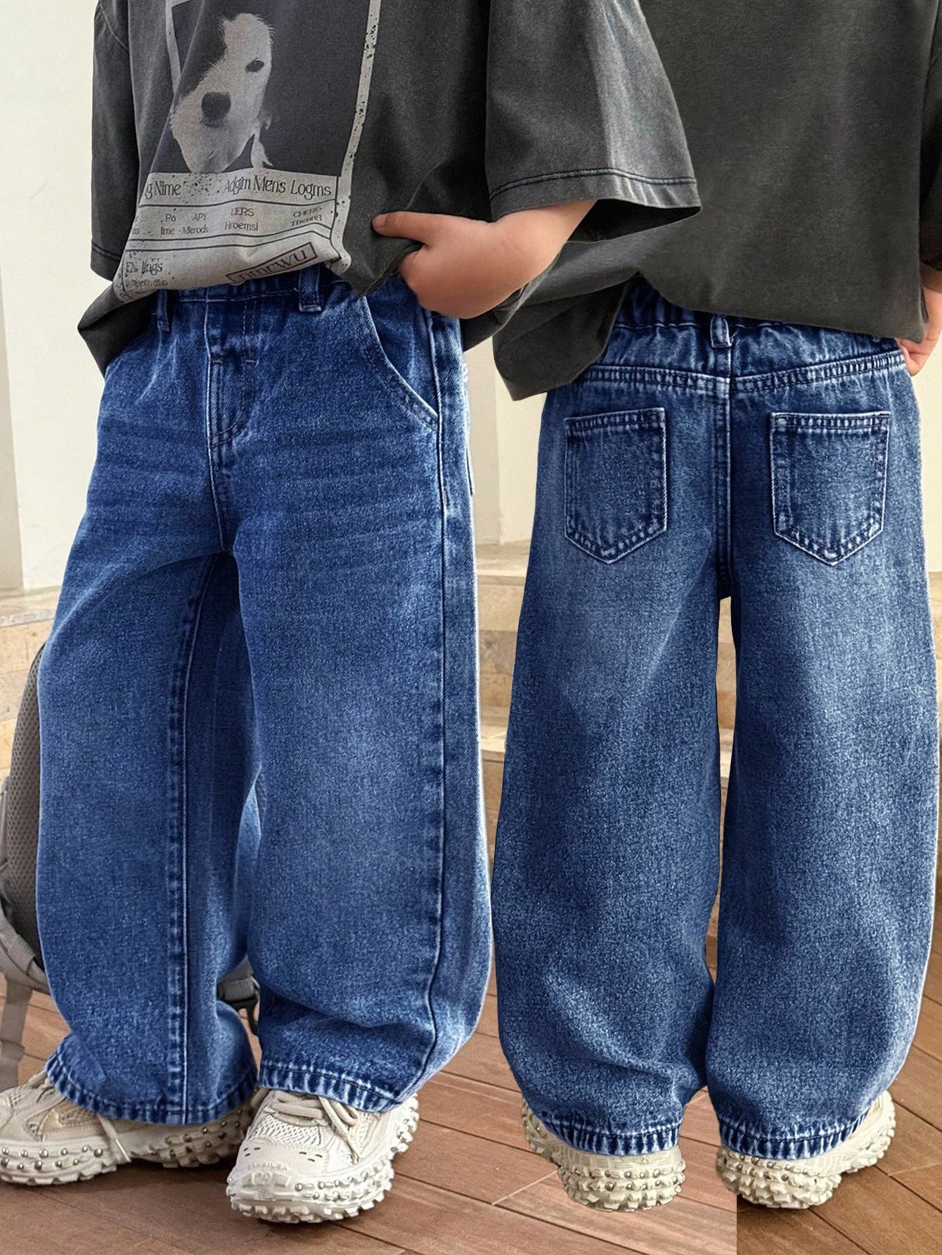 SHEIN Young Boy Fall And Winter Fashionable Stone-Washed Casual Wide Leg Baggy Blue Denim Jeans, For Back To School Clothes And Streetwear