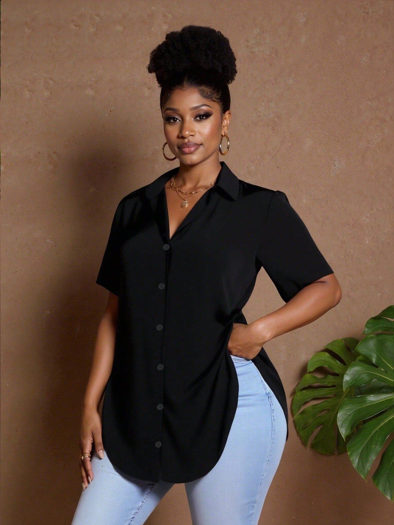 Maweii Plus Size Women's Summer Solid Color Short Sleeve Single-Breasted Casual Shirt