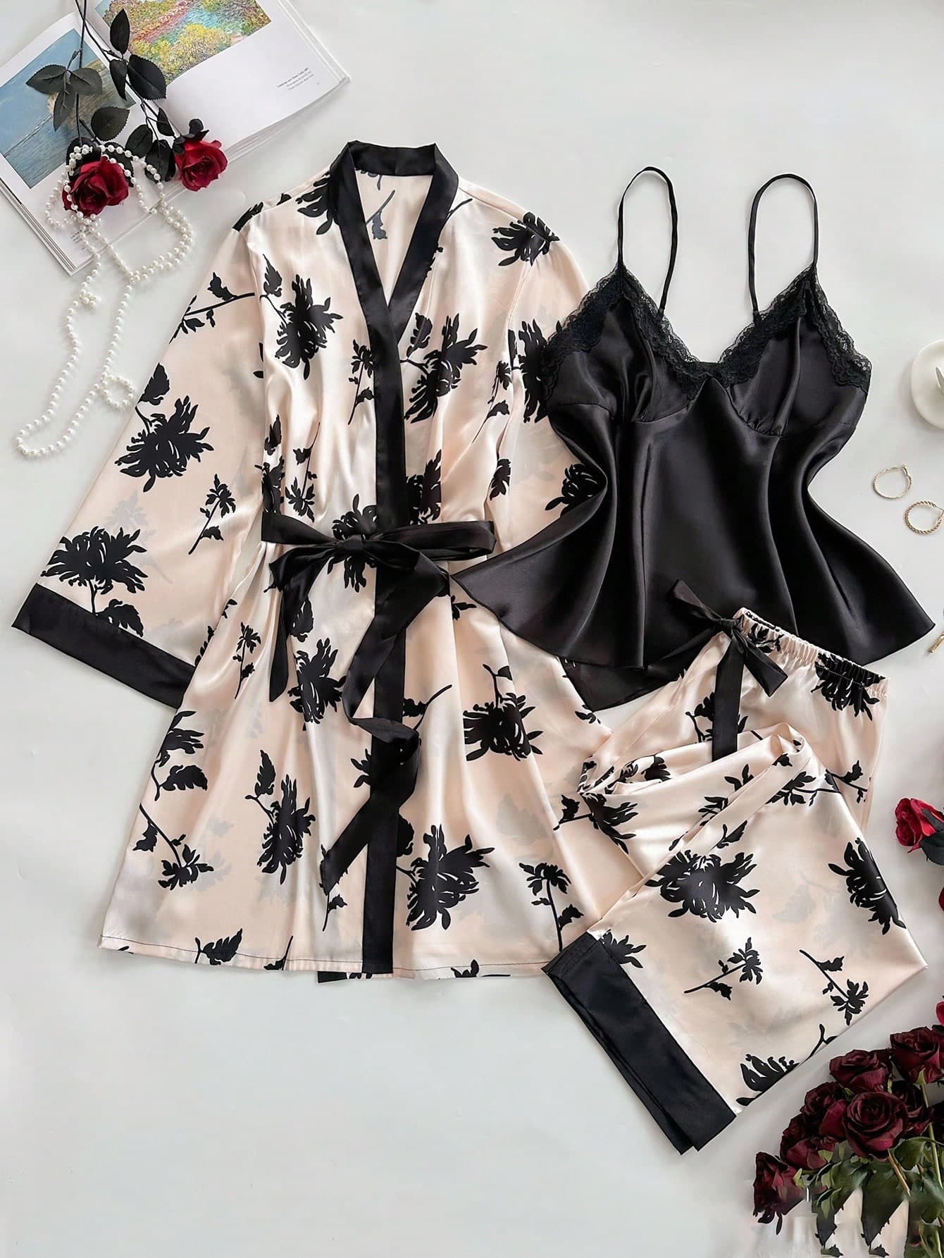 SHEIN 3pcs Women Plus Size Floral Print Elegant Satin Lingerie Pajama Sleepwear Lingerie Robe 3 Piece PJS Lingerie PJS Floral PJS Satin PJS Silk Robe Set