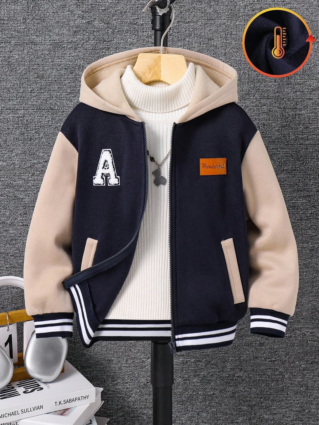 SHEIN Toddler Boys Casual Patchwork Color Block Thick Hooded Jacket, Suitable For School, Garden, Birthday, Fall, Winter Season, Halloween, Vintage