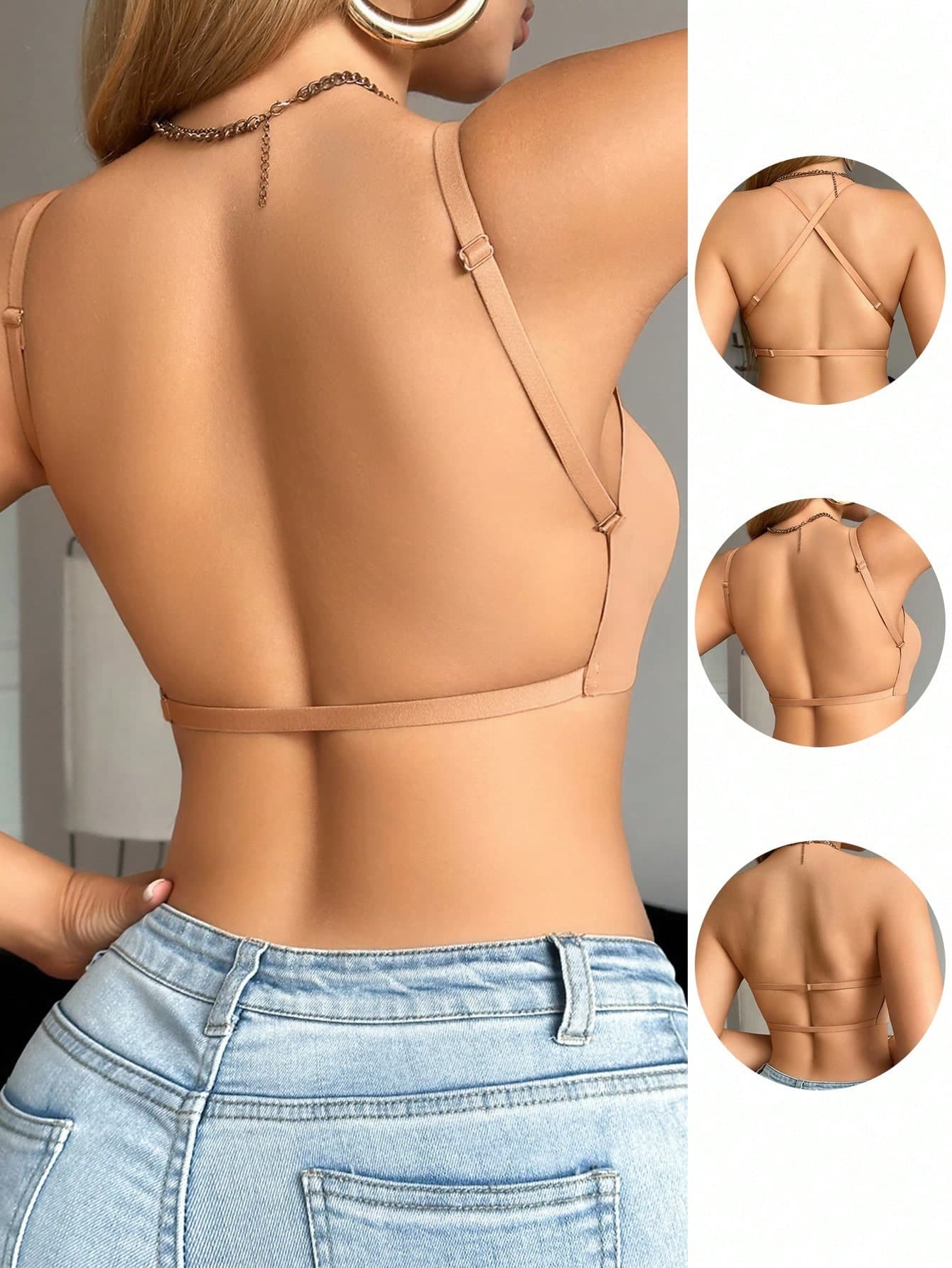 DesireSculpt 1pc Casual Minimalist Solid Color Deep V-Neck Spaghetti Strap Backless Women Bra  Cozy And Elegant Details