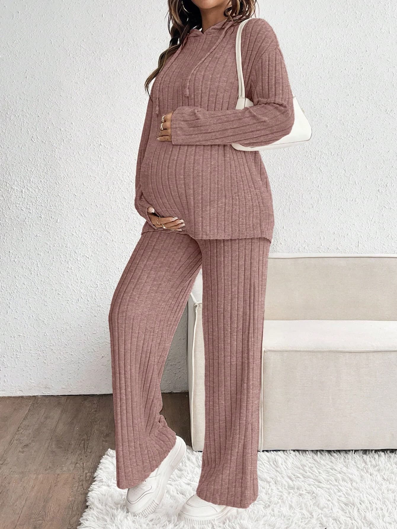 SHEIN 2pcs Maternity Solid Color Ribbed Drawstring Hoodie Sweatshirt And Pants Casual Set
