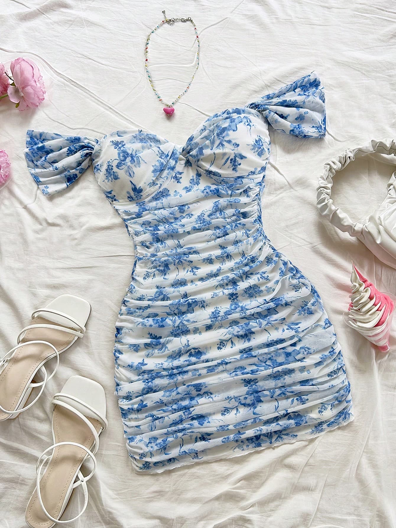 Soleia Holiday Knit Mesh Strapless Off Shoulder Bodycon Dress For Women,White And Blue Floral Summer Seductive Vacation Shirred Floral Print Mini Dress