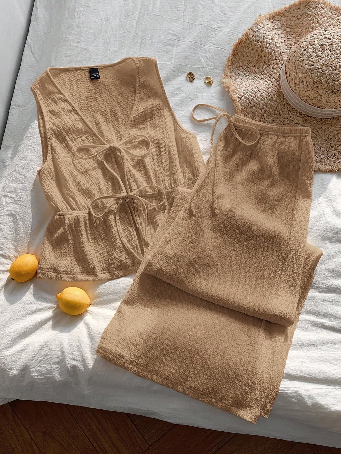 Comfortcana Knitted Sleeveless Lace-Up Camisole And Pants Set In Khaki For Relaxed Everyday Style Comfortable Two Piece Set