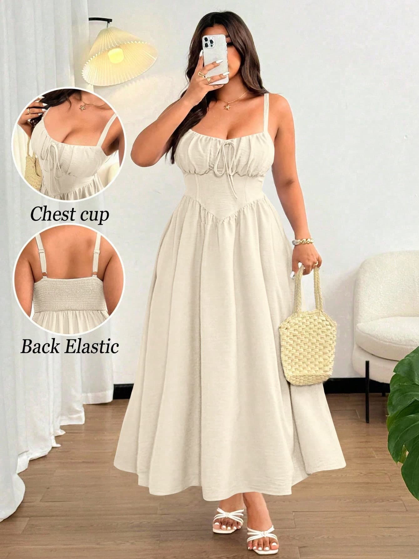 Flirla Plus Size Women's Elegant Front Tie Bow Spaghetti Strap Maxi Beach Dress,Beige,Summer,Tropical,Vacation,Wedding Guest,Holiday,Resort,Party,Versatile