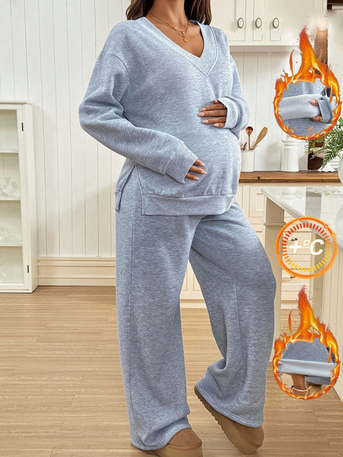 SHEIN Maternity Autumn Casual Light Blue 2pcs Set,Solid Side Slit Hoodie And Sweatpants Lounge Set,Comfortable Winter Clothes Women Loungewear Fall Outfit