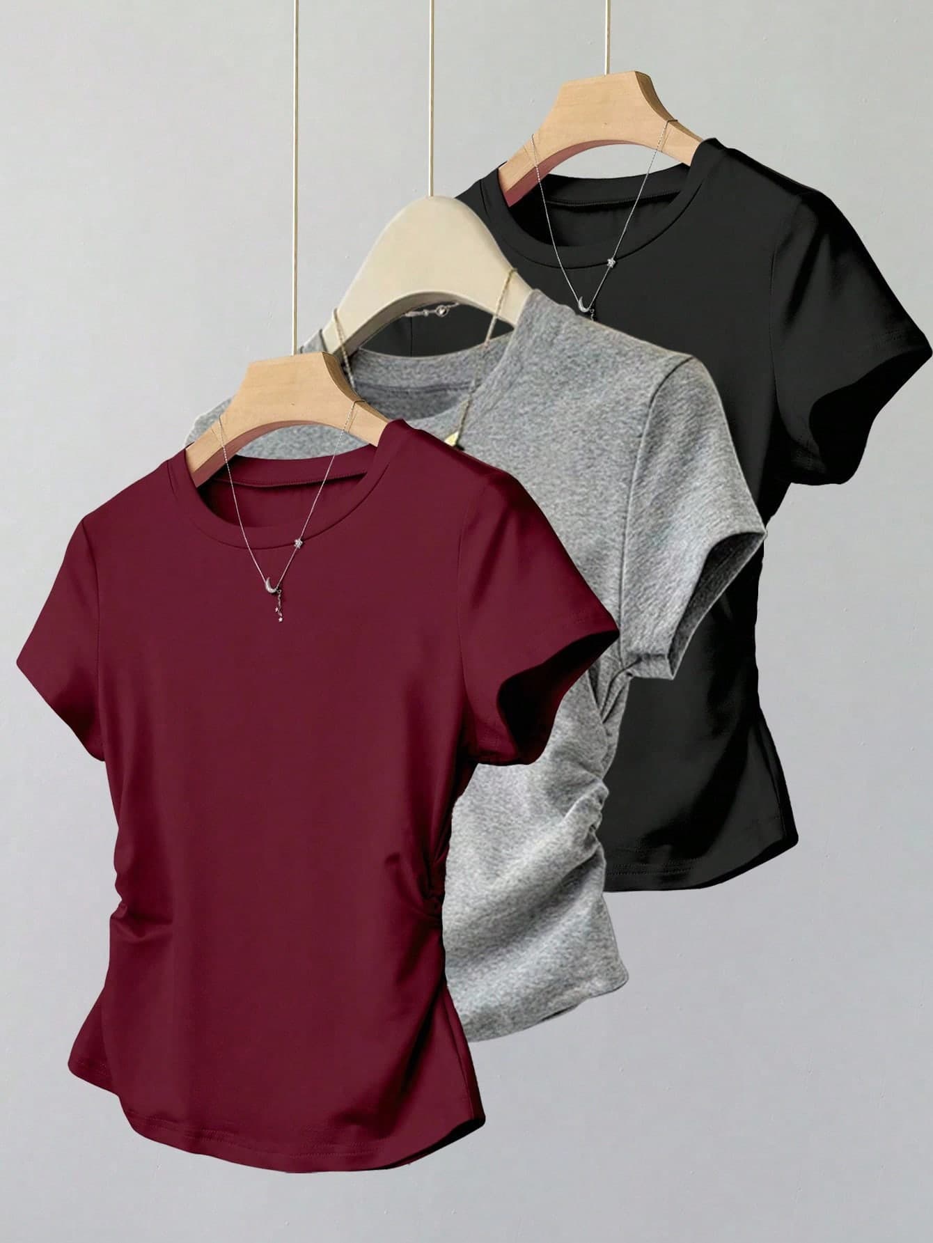 INAWLY Women's Casual Pleated Round Neck Short Sleeve T-Shirt