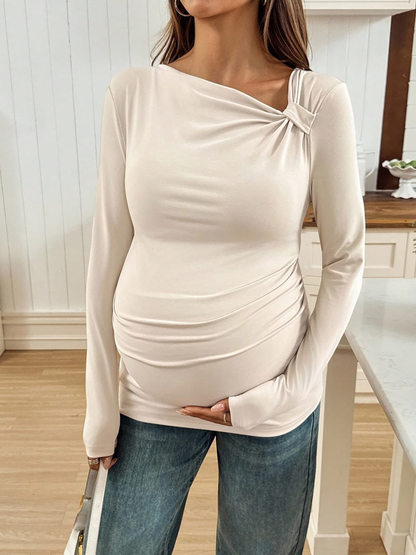 SHEIN Maternity Casual Solid Color Oblique Shoulder Fitted Long Sleeve T-Shirt Fall Clothes Cute Top Winter