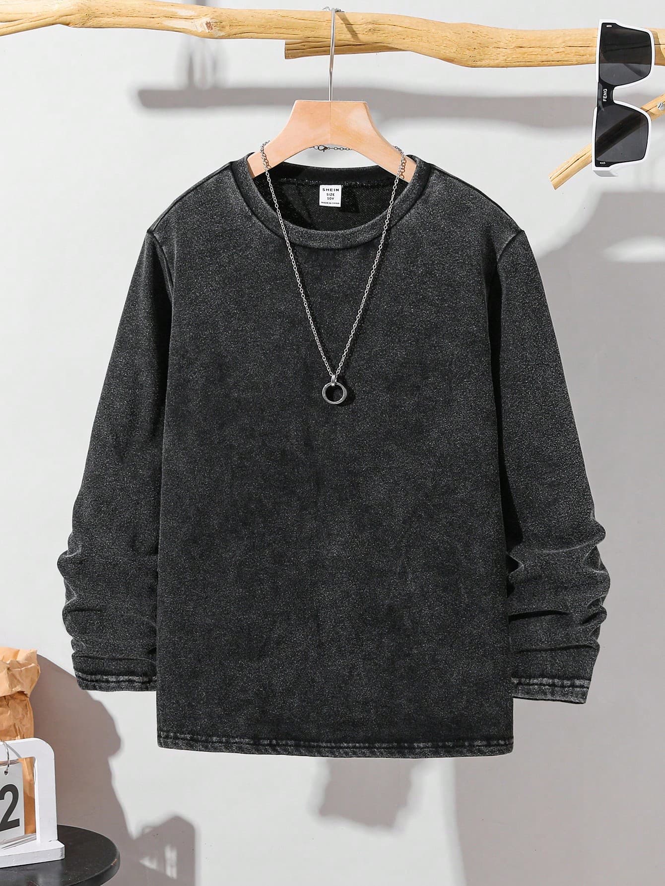 Tween Boys' Casual Black Washed Color Oversized Crew Neck Long Sleeve Knit T-Shirt,Suitable For School,Summer,Beach,Birthday,Garden,Fall Long Top