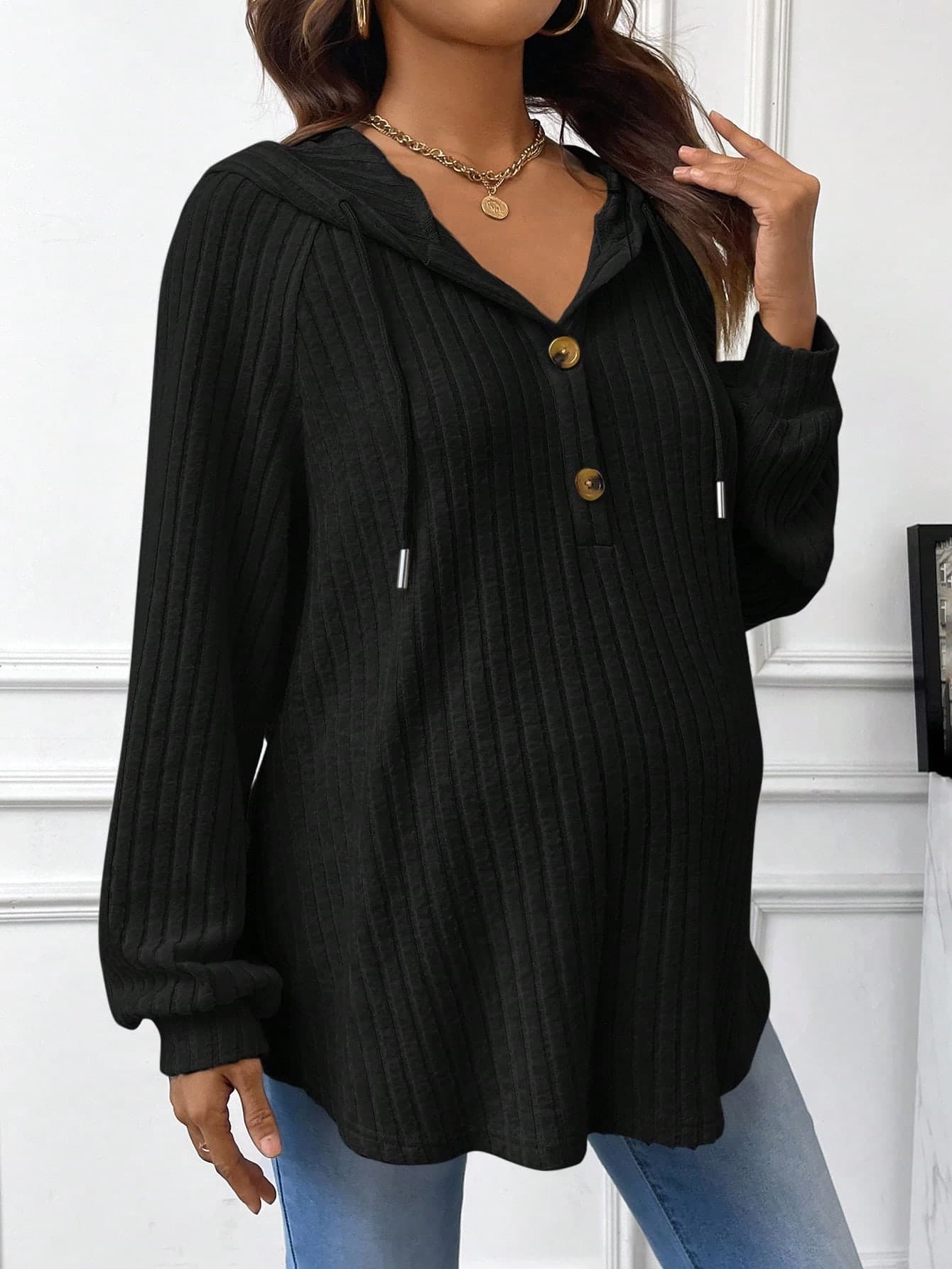 SHEIN Pregnant Women's Casual Solid Color Drawstring Hooded Long Sleeve Sweatshirt, Sweatshirt, Spring Autumn, For Maternity, For Winter World Cup