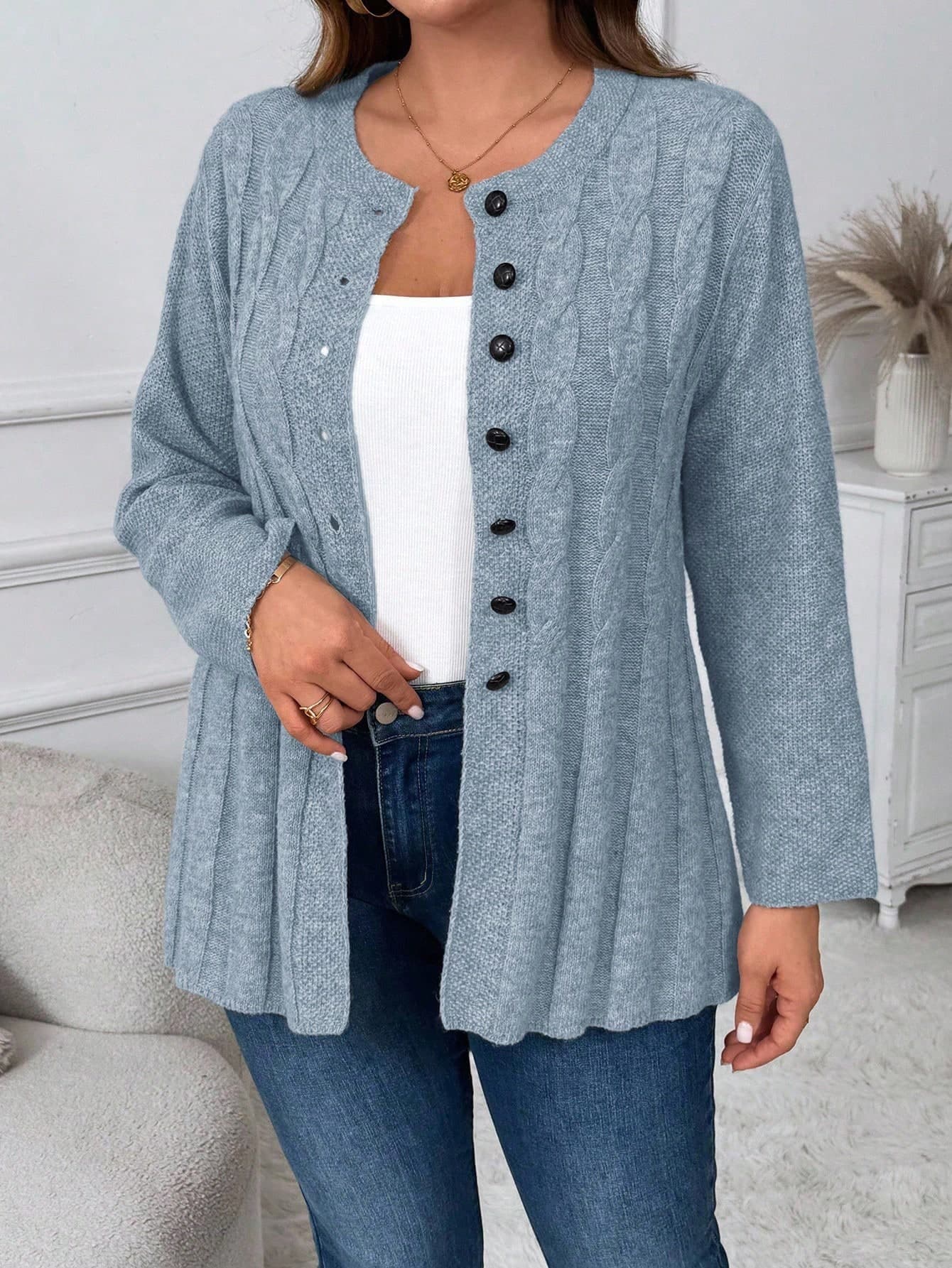 Plus Size Casual Twist Knit Button Front Cardigan Fall Winter