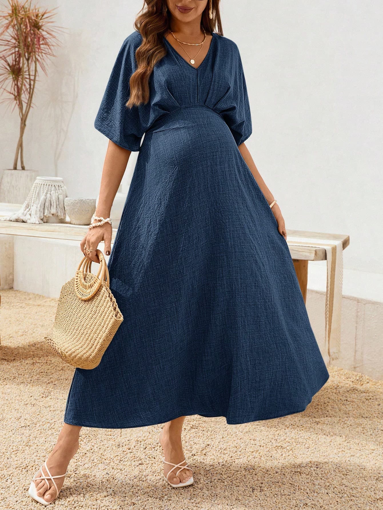 SHEIN Maternity Solid Color V-Neck Batwing Short Sleeve Pleated Dress