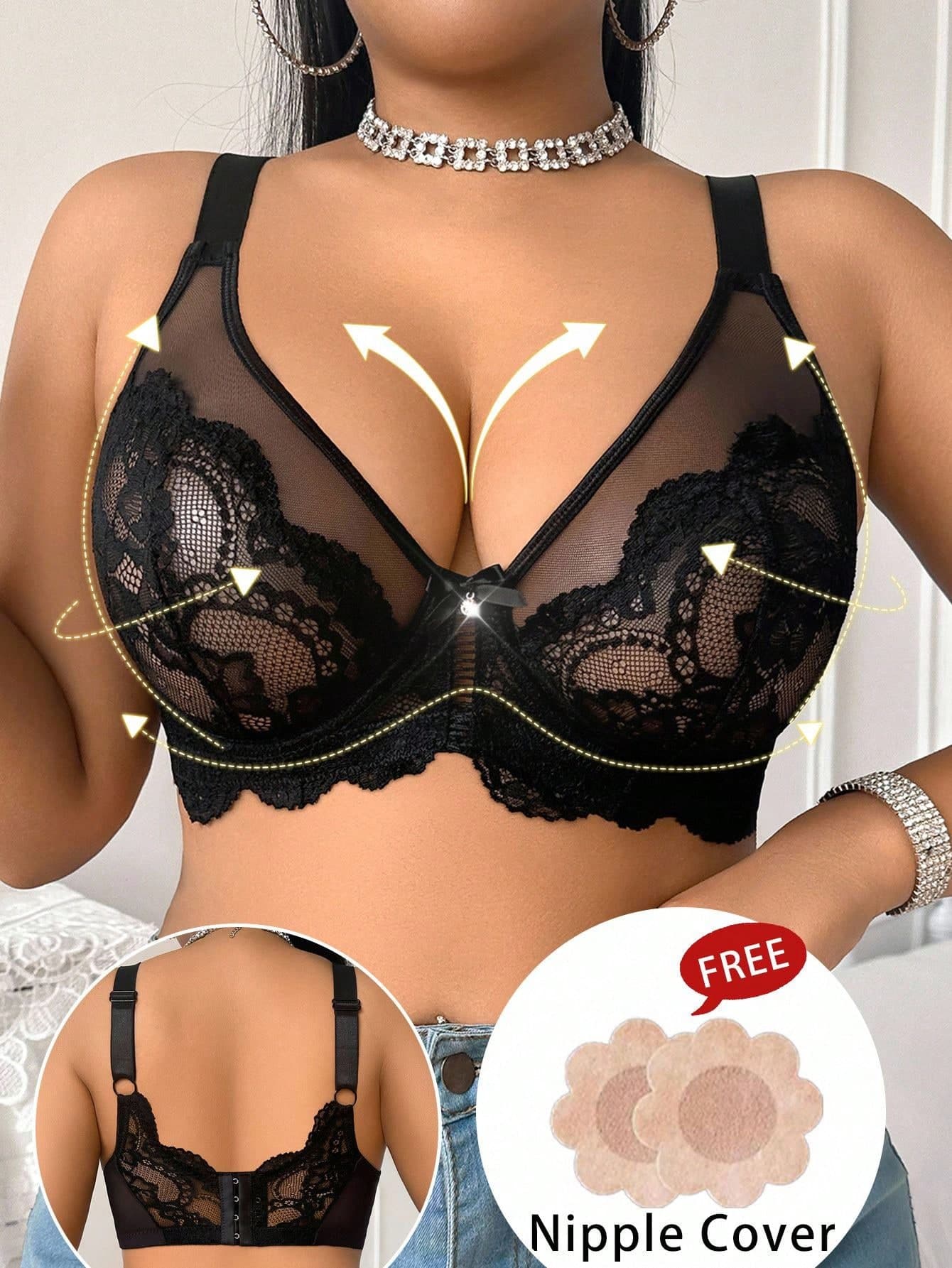 QuietHaus 1pc Plus Size Lace Sheer Sexy Underwire Lingerie Bra