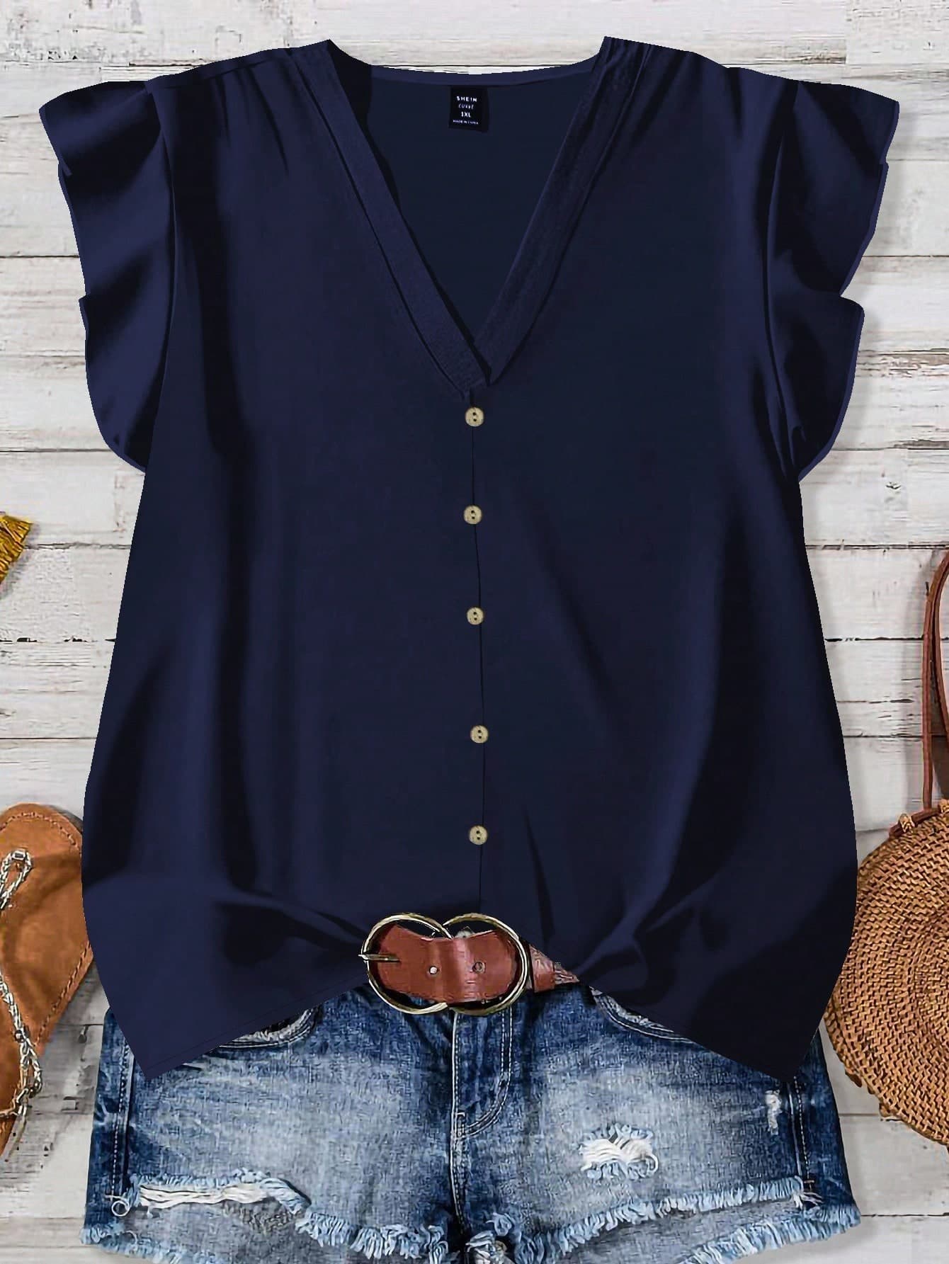 EMERY ROSE Plus Size Women Navy Blue Solid Color Casual Shirt, Suitable For Summer Fall