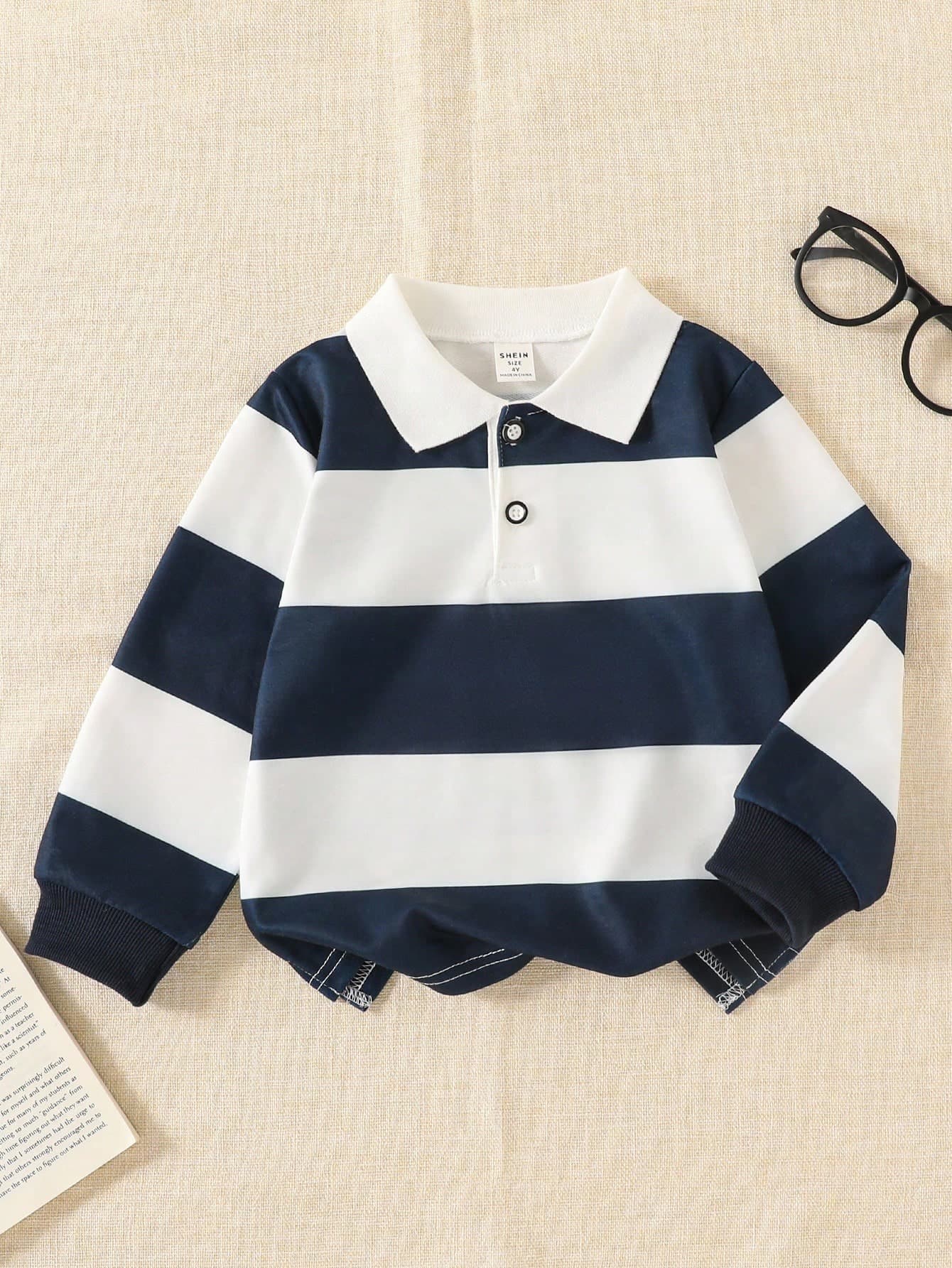 SHEIN Explorewe Young Boys' Striped Long Sleeve Polo Shirt,Retro American Style Collared Knit Casual Loose Tops,Summer,Career Day,Back-To-School Toddler Navy Shirt