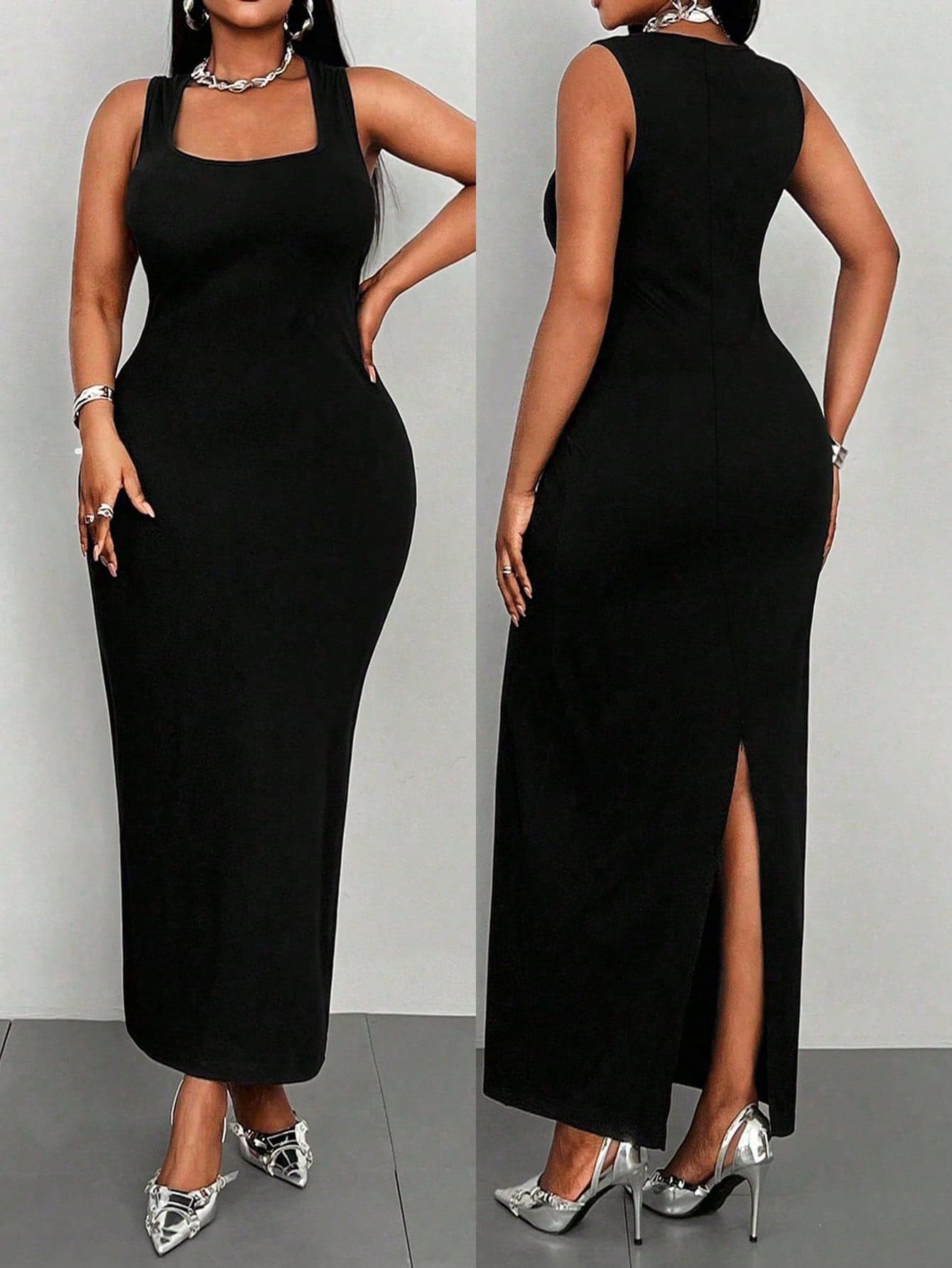 Maweii Plus Size Casual Square Neck Slim Waist Vest Dress