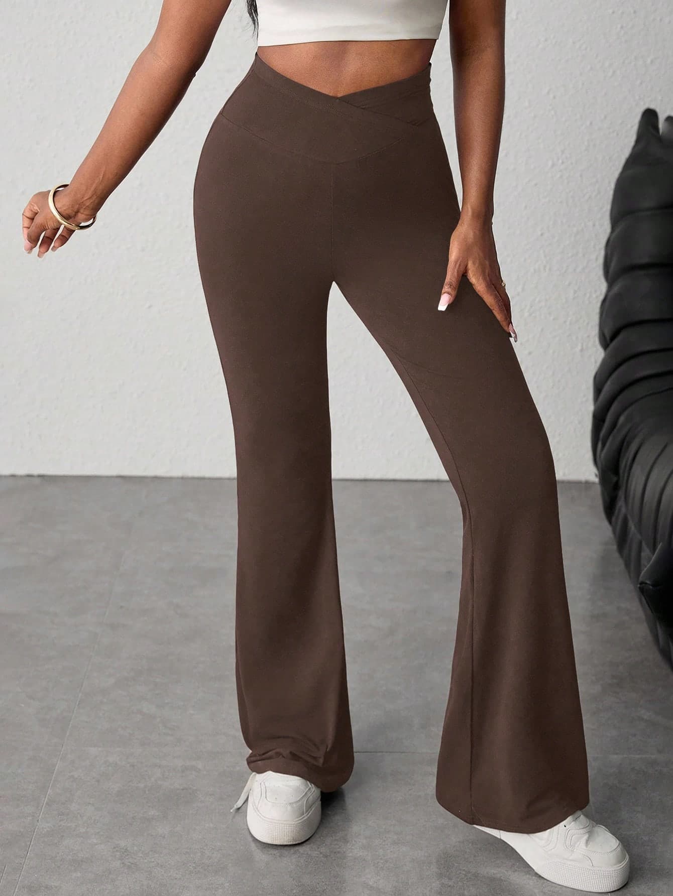 SHEIN Teen Girls' Brown Solid Color High Waist Flare Pants,Suitable For Home,Casual,Outdoor Sports Bell Bottom Flared Leggings Sweatpants Fall Winter