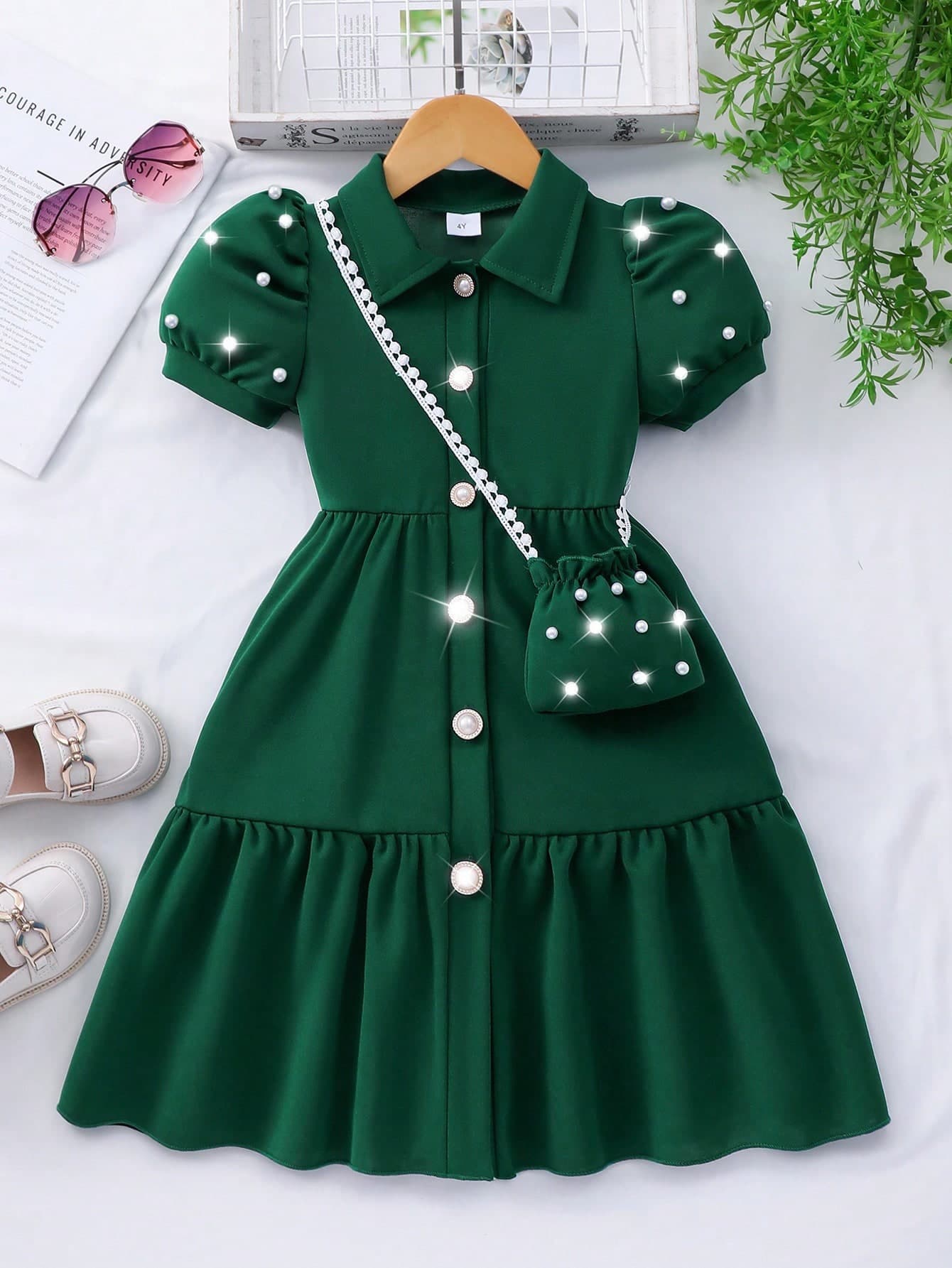Elladie kids Young Girl' Solid Color Collar Puff Sleeve Cardigan Summer Cute Dress With Mini Bag Back To School Clothes Girls Pearls Dark Green For Kids