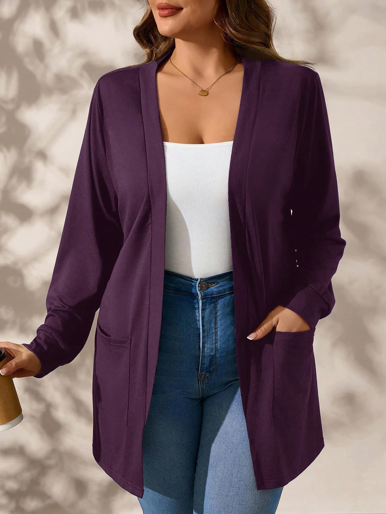 SHEIN Clasi Dark Purple Knit Pocket Long Sleeve Loose Plus Size Jacket,Fall Clothes For Women